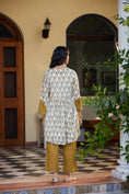 Load image into Gallery viewer, Cream & Mustard Manjari Front Tie-Up Gathered A-Line Kurta with Palazzo & Slip - Set of 3
