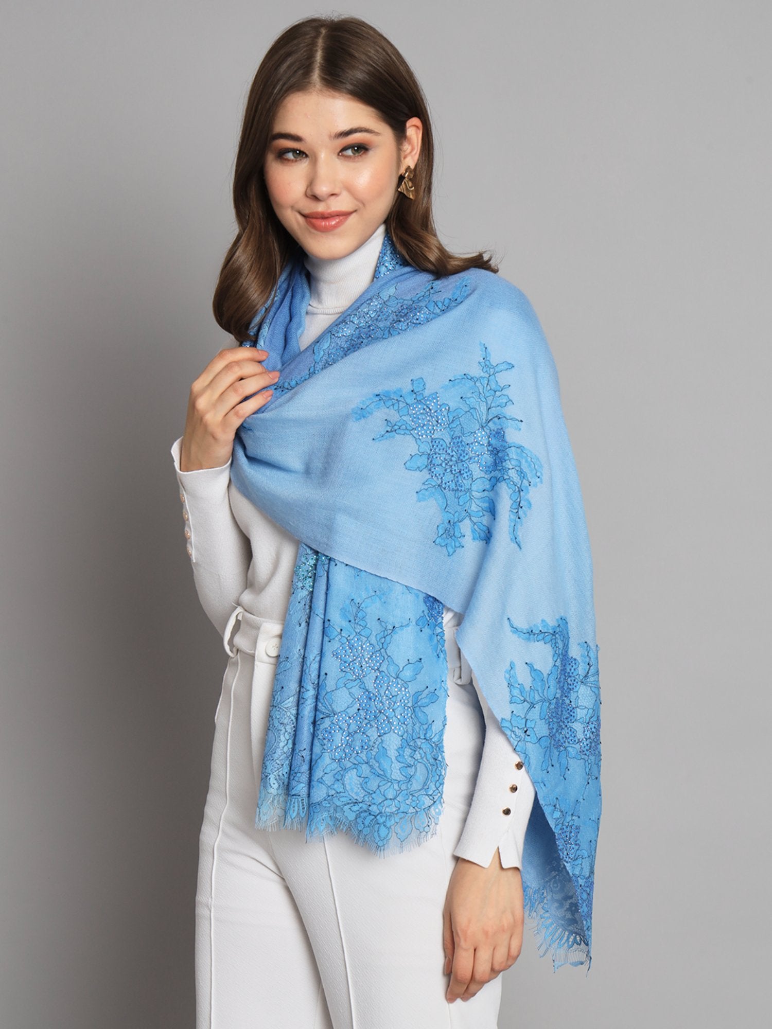 Ombre Blue Shawl With Lace And Swarovski Design