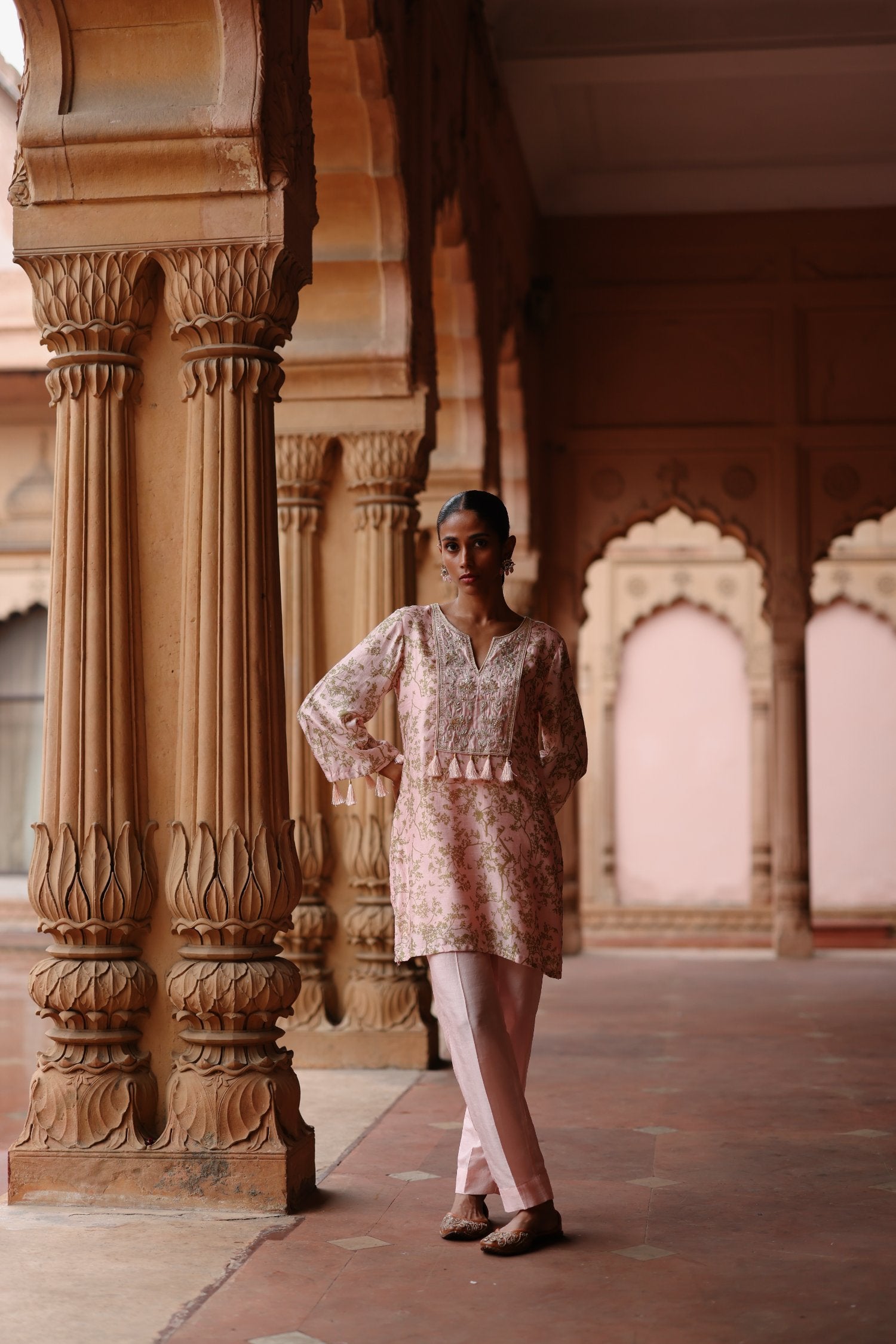 Pink Dupion Silk Printed and Embroidered Short Kurta Set