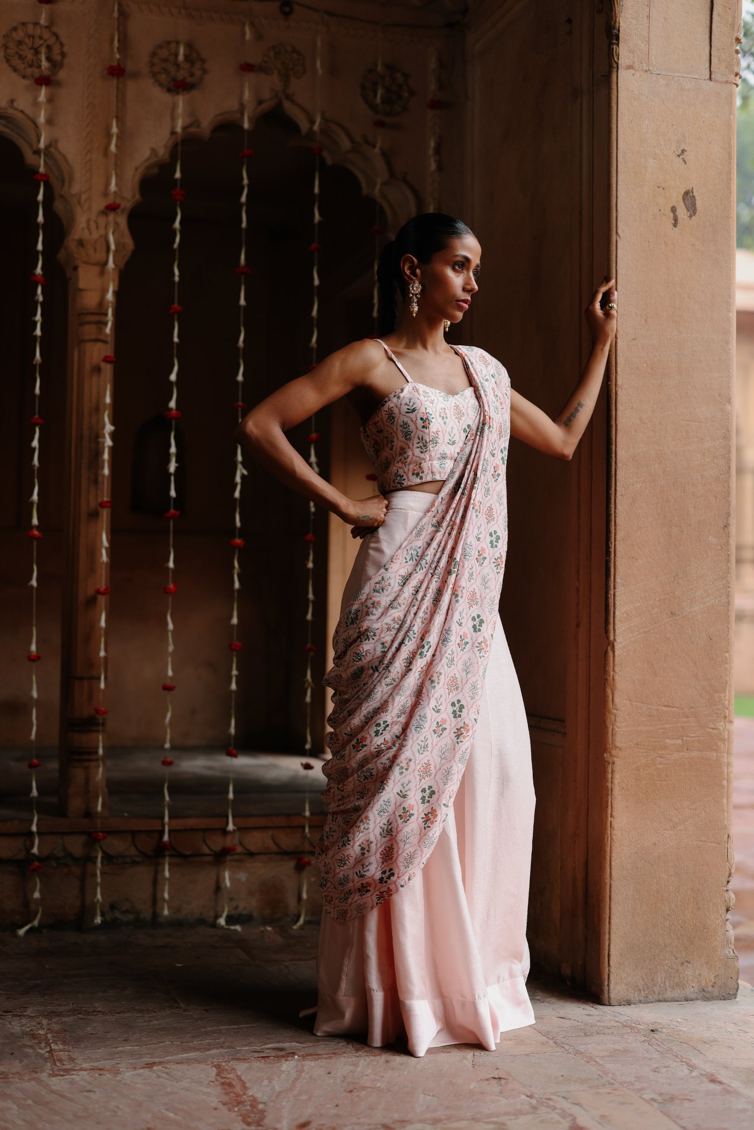 Pastel Pink Dupion Silk Printed Fusion Saree Set XS