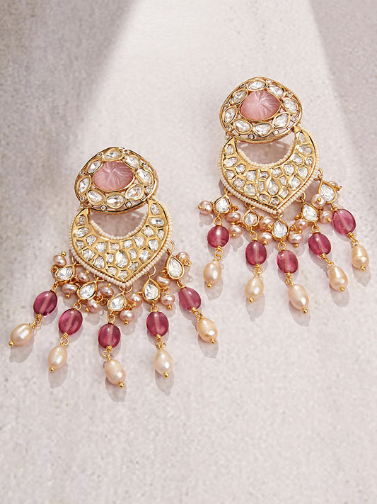 Alluring Pink Kundan Polki Earrings- front view