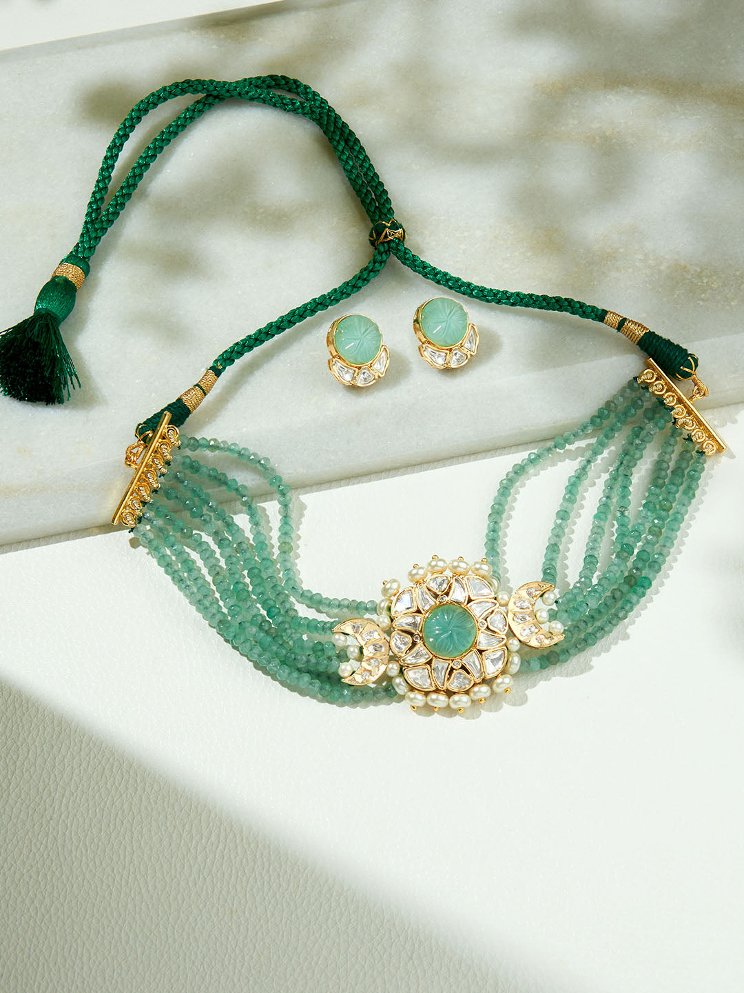 Green & Golden Polki Necklace Set
