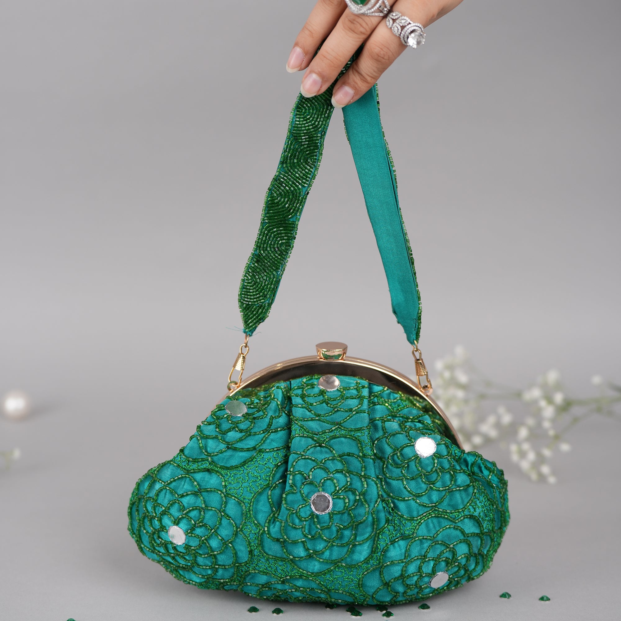 Emerald Monotone Soft Clutch With Handle