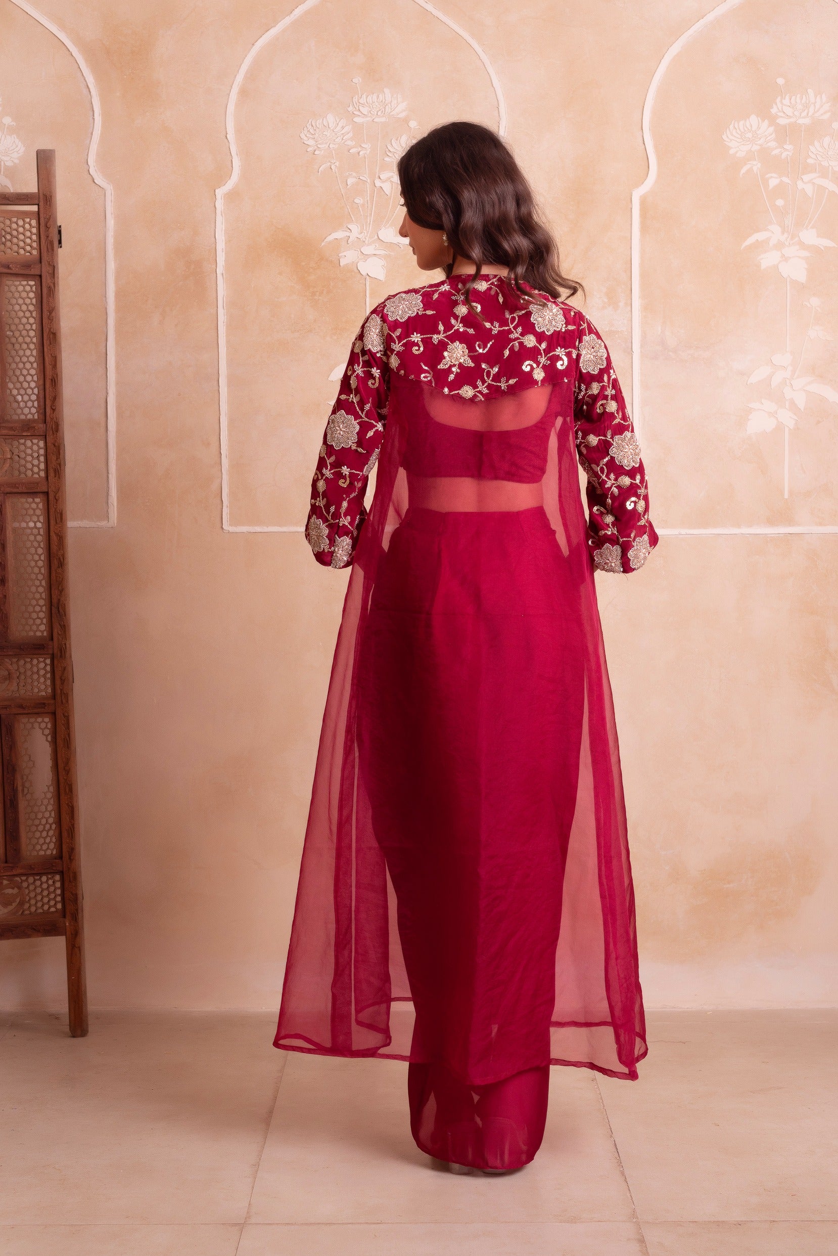 Maroon Satin Pre-Draped Skirt Shrug Set