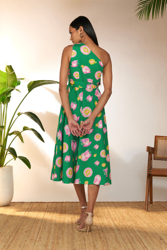 Green & Pink Special Cutting One Shoulder Dress