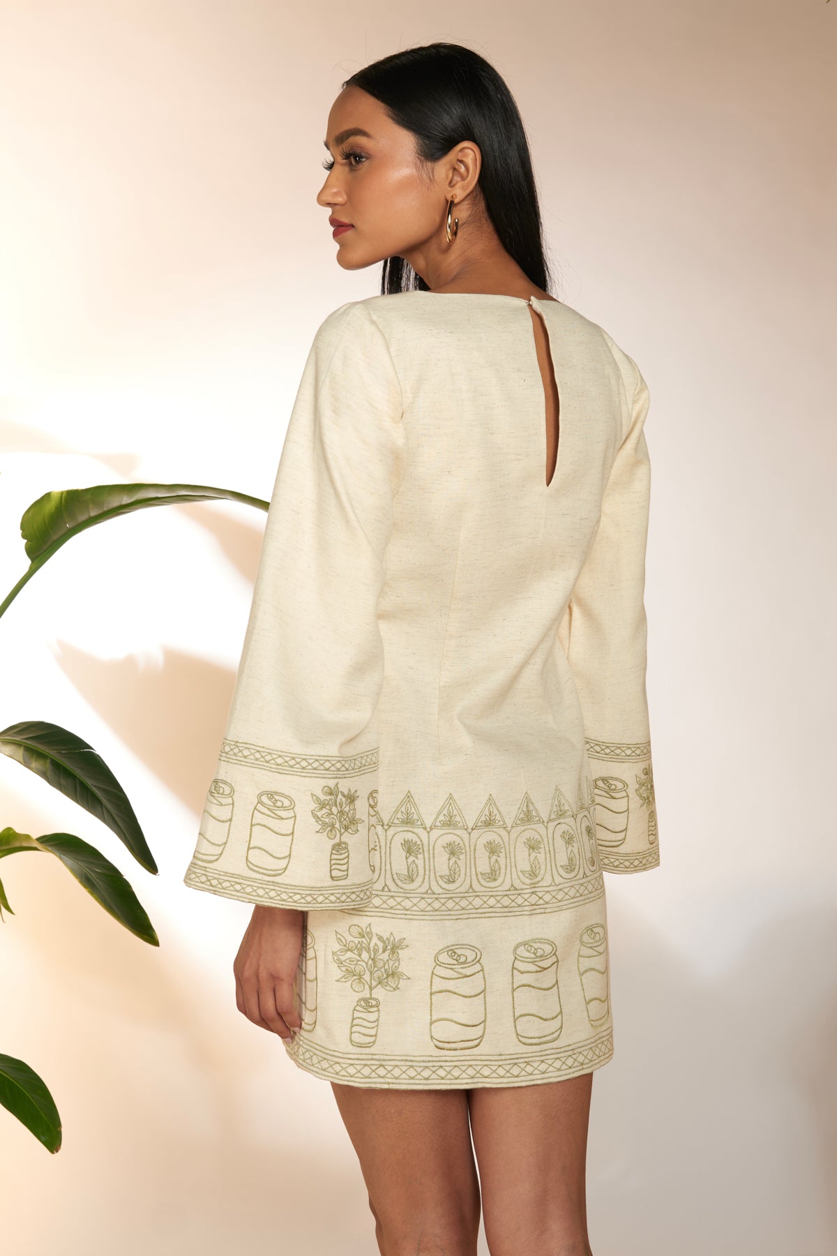 Ivory Cans Embroidery Mini Dress