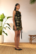 Load image into Gallery viewer, Black Open Door Foil Mini Wrap Dress
