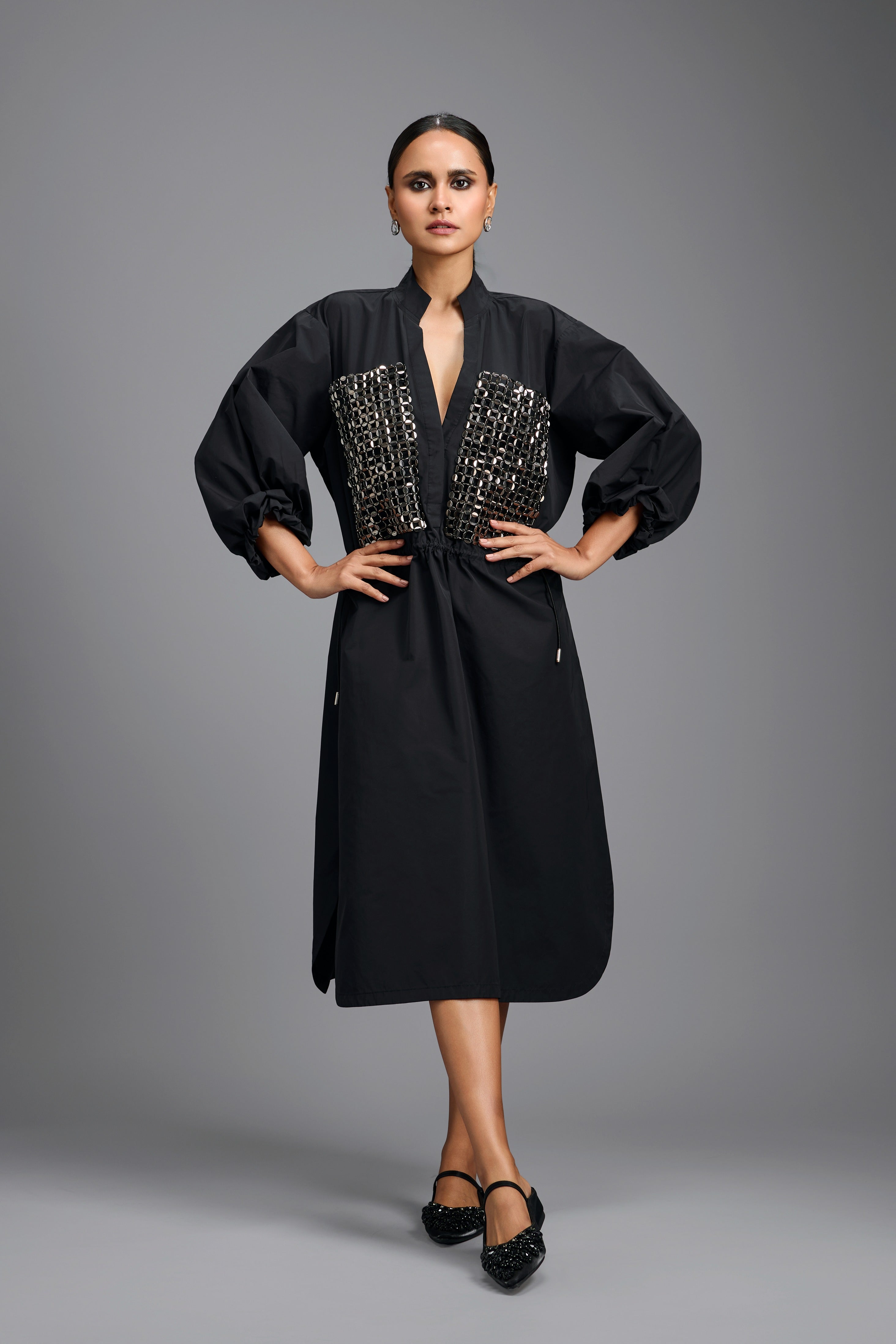 Black Metallic Panel Midi Dress