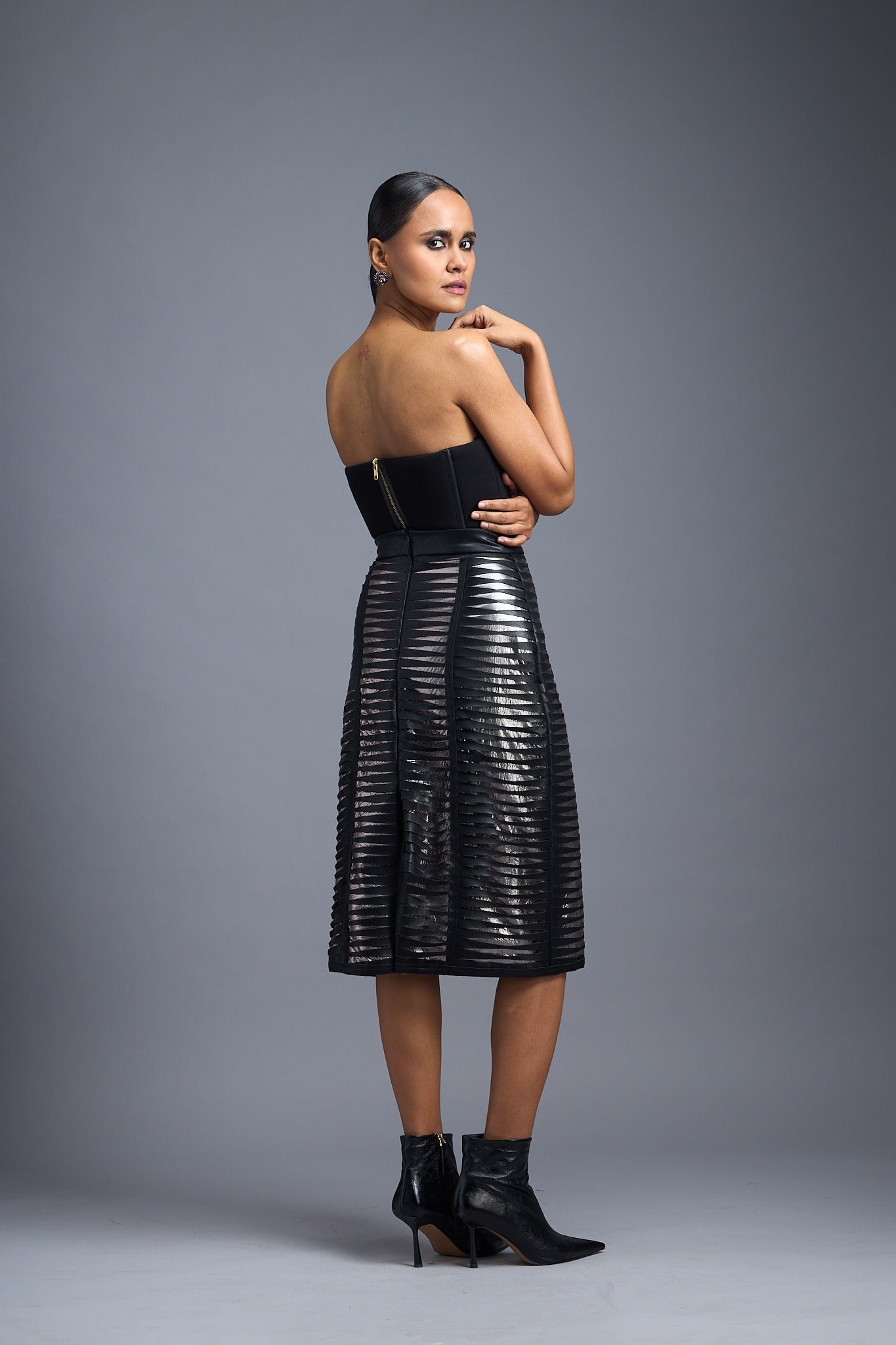 Black Sheer Leather-Strip Pencil Skirt