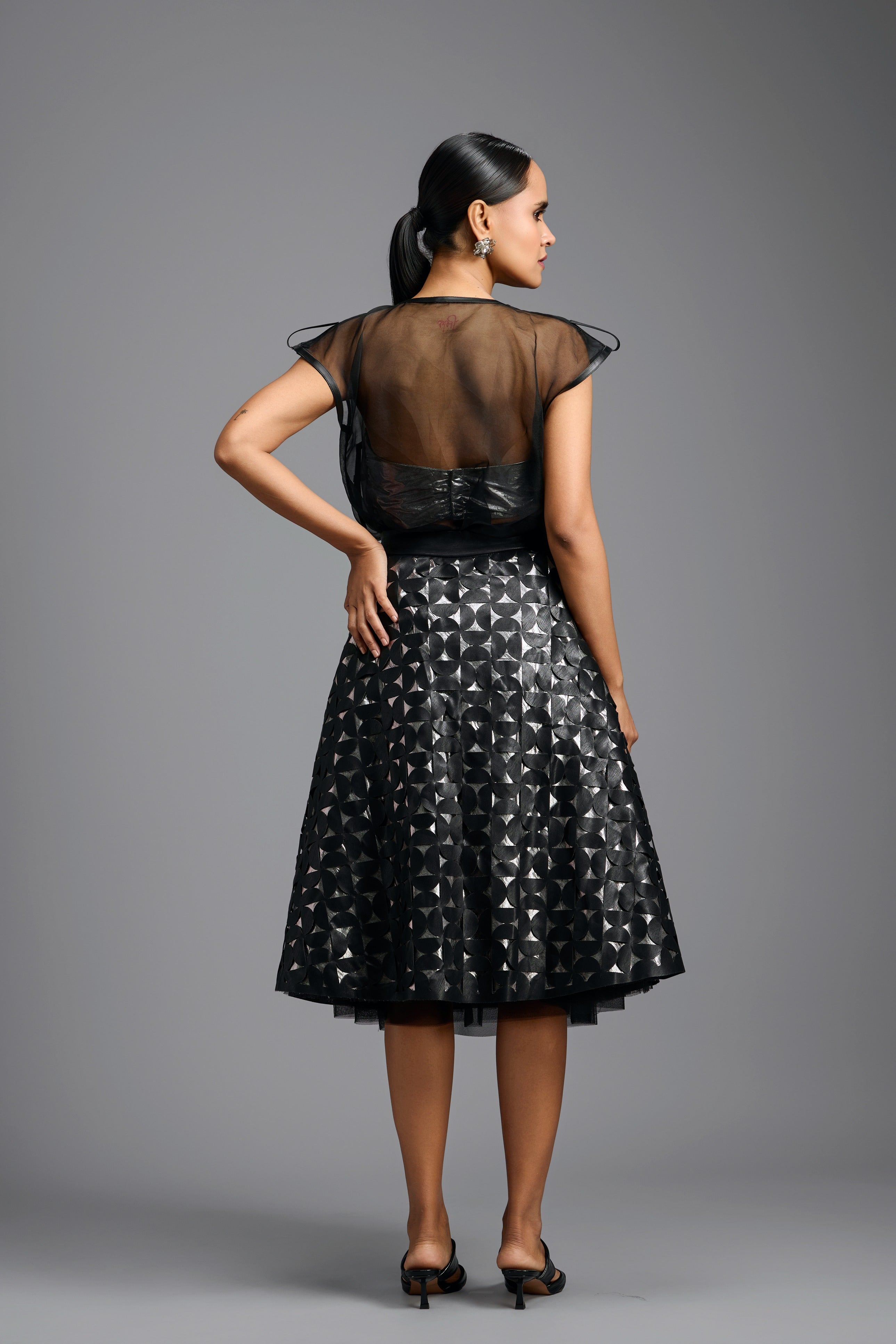 Black Geometric Cutwork Midi Skirt