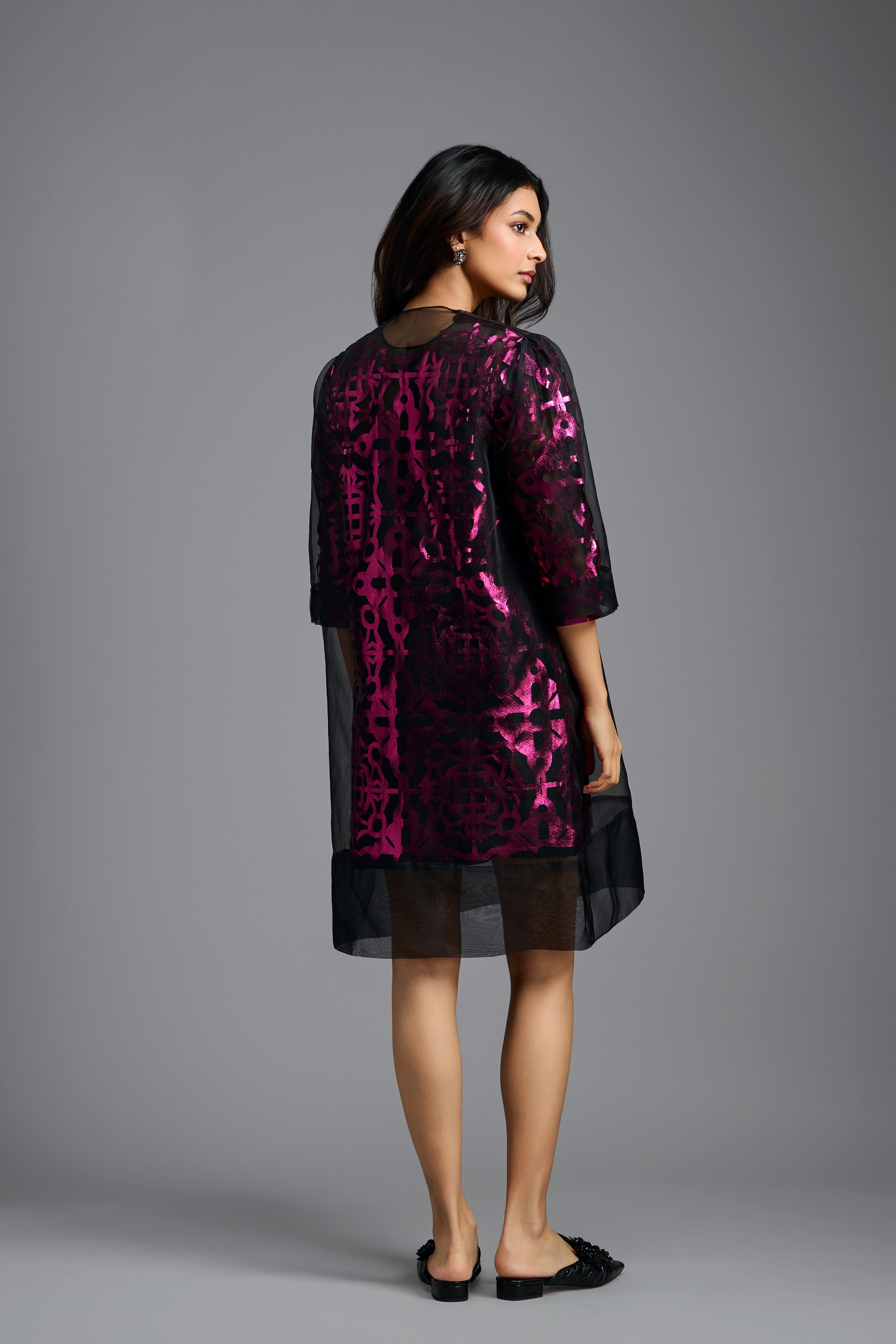 Fuchsia Metallic Sheer-Layered Dress
