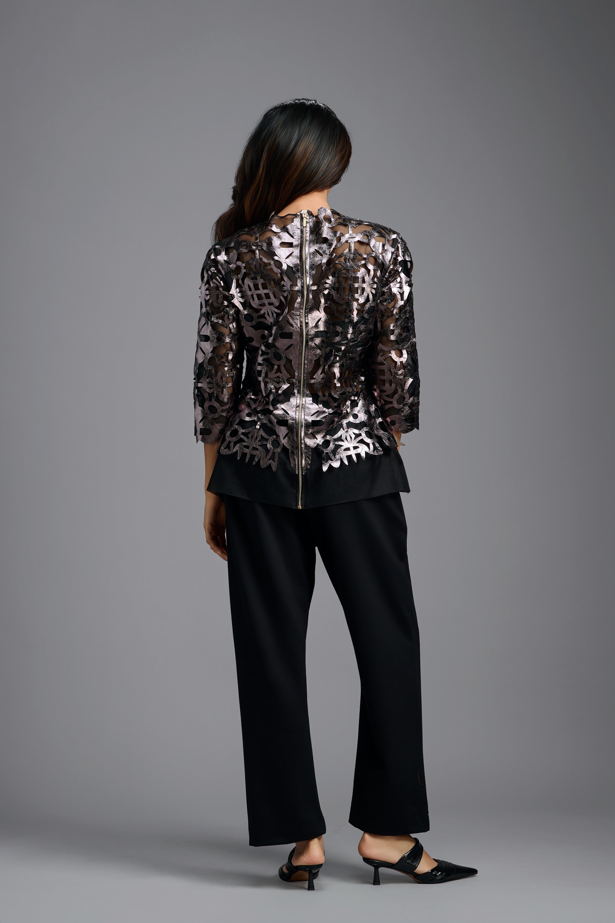 Gunmetal Cutwork Top & Trouser Set