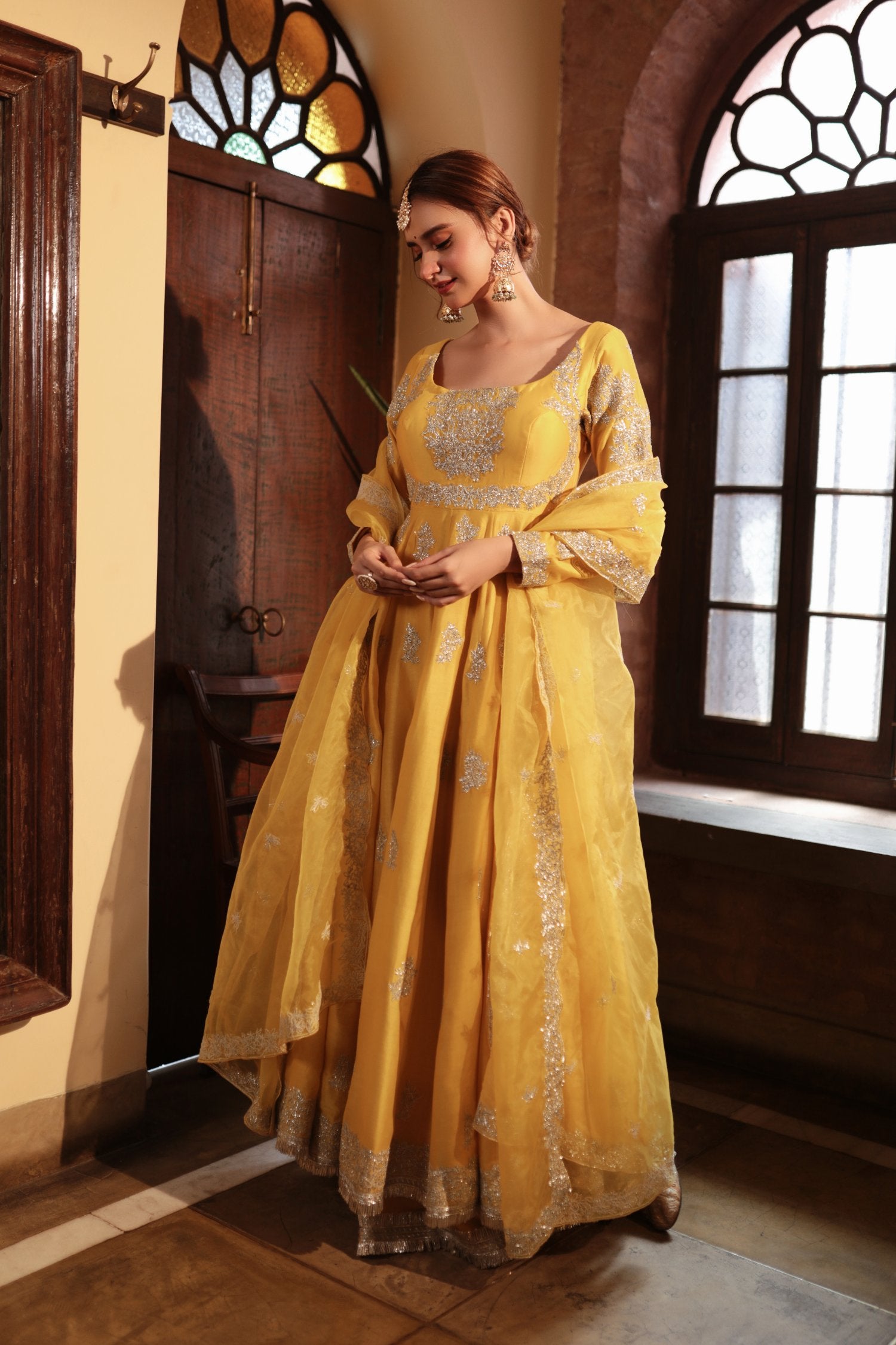 Mustard Embroiderd Angrakha Gown