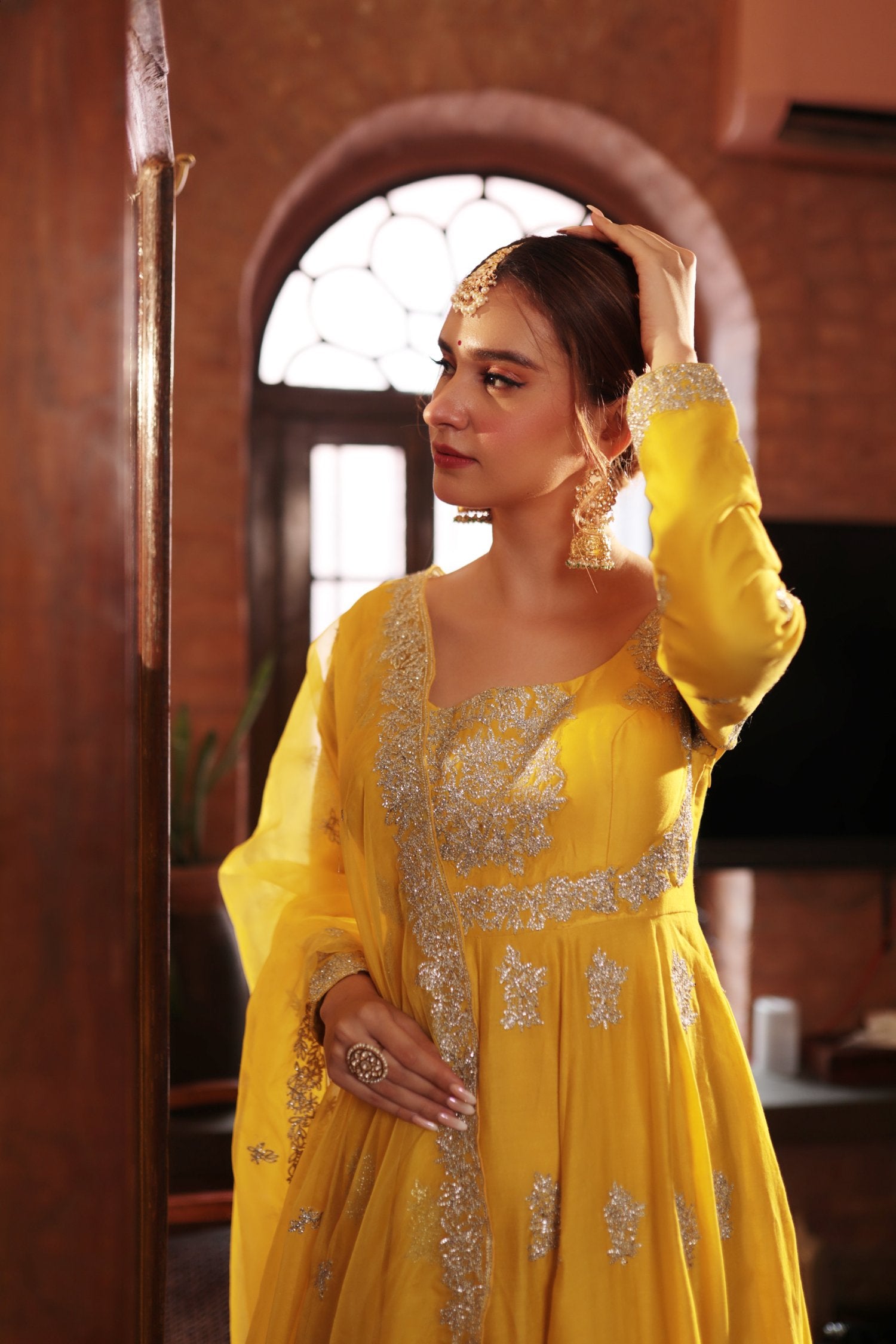 Mustard Embroiderd Angrakha Gown