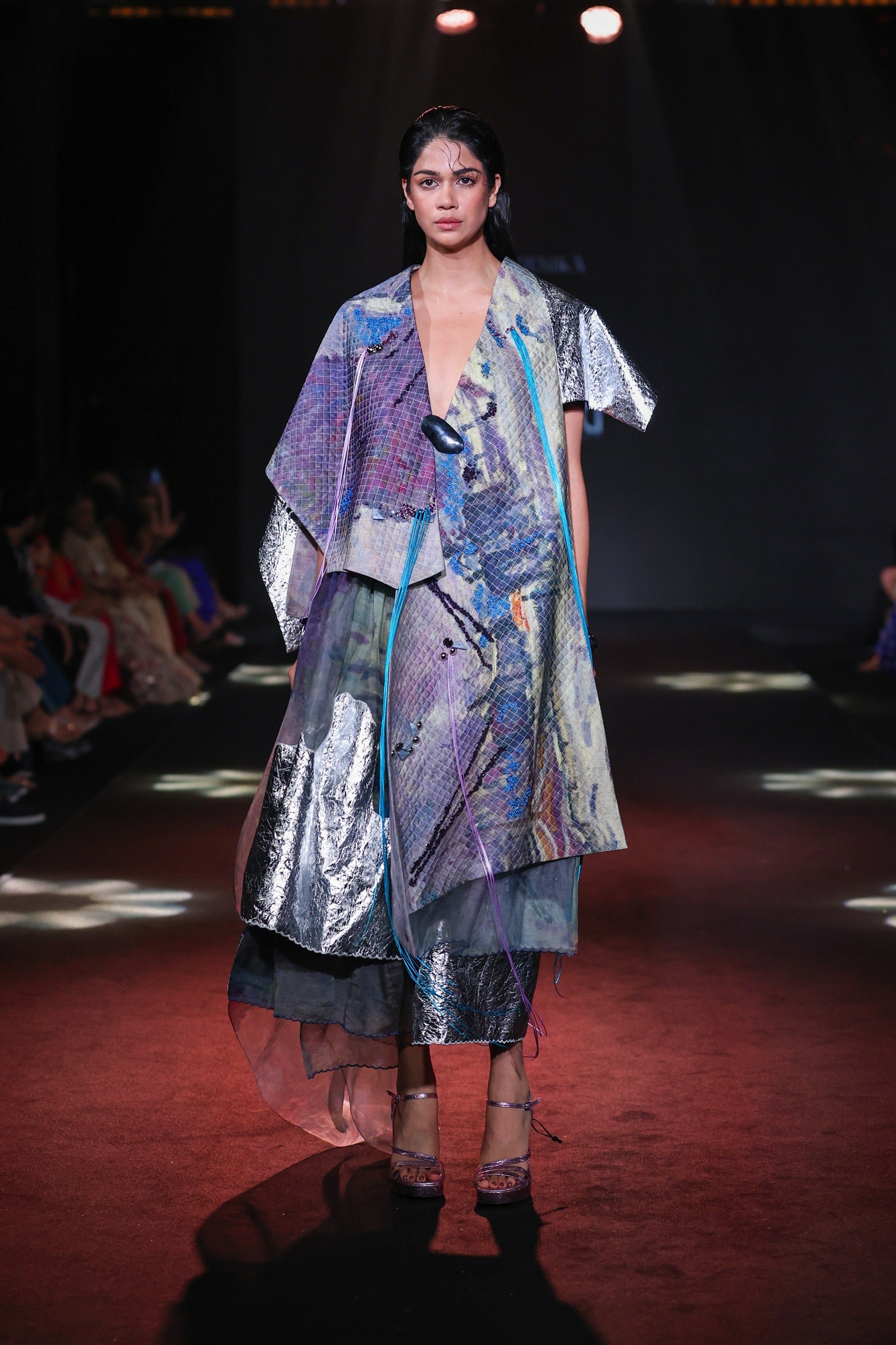 Quilted Printed Cape With Organza Skirt