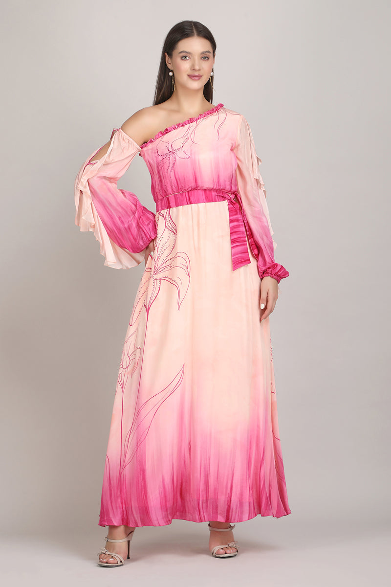 One Shoulder doodle pink dress