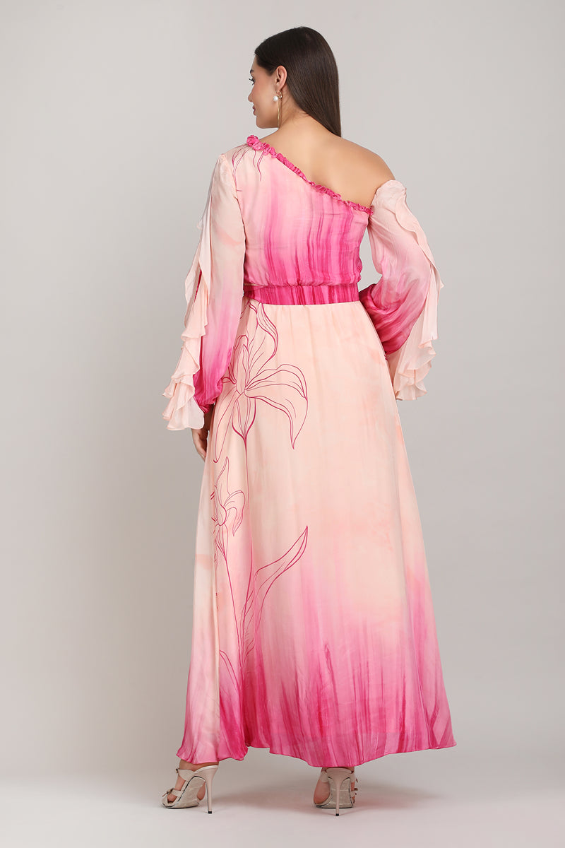 One Shoulder doodle pink dress