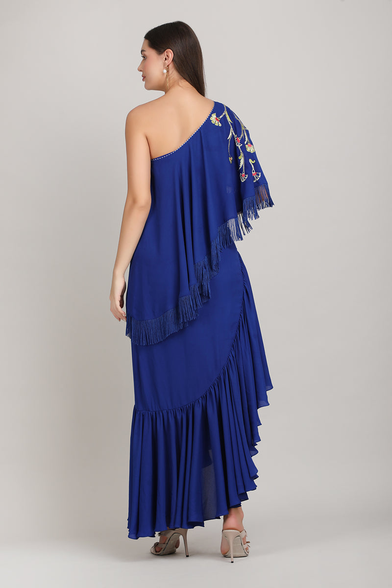 Sapphire Fringe Drape One shoulder dress