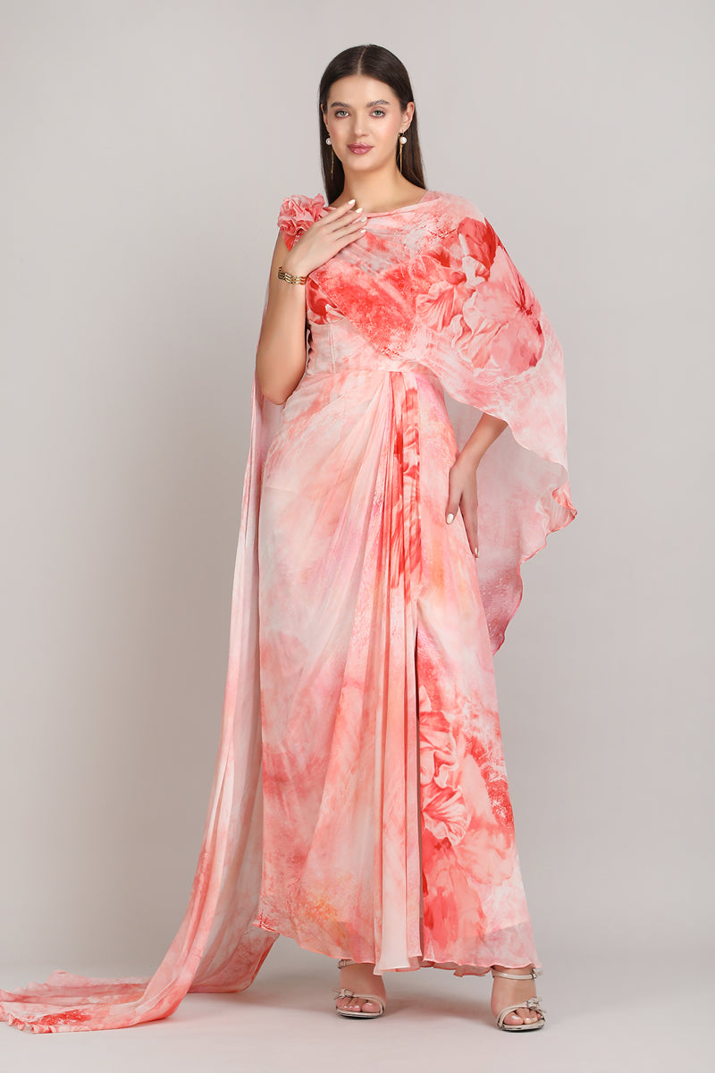Crimson Corset Dress with Drape Cape