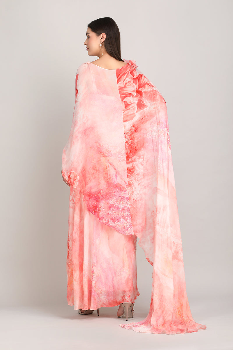 Crimson Corset Dress with Drape Cape