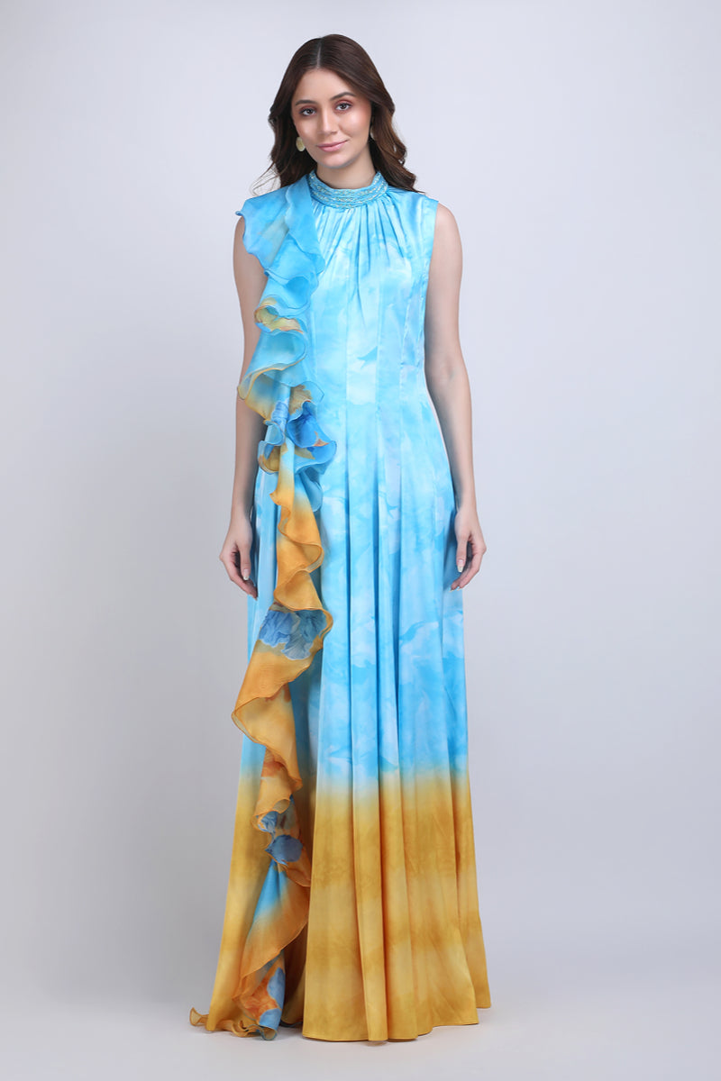 Aqua Ombre Ruffle Panel Gown