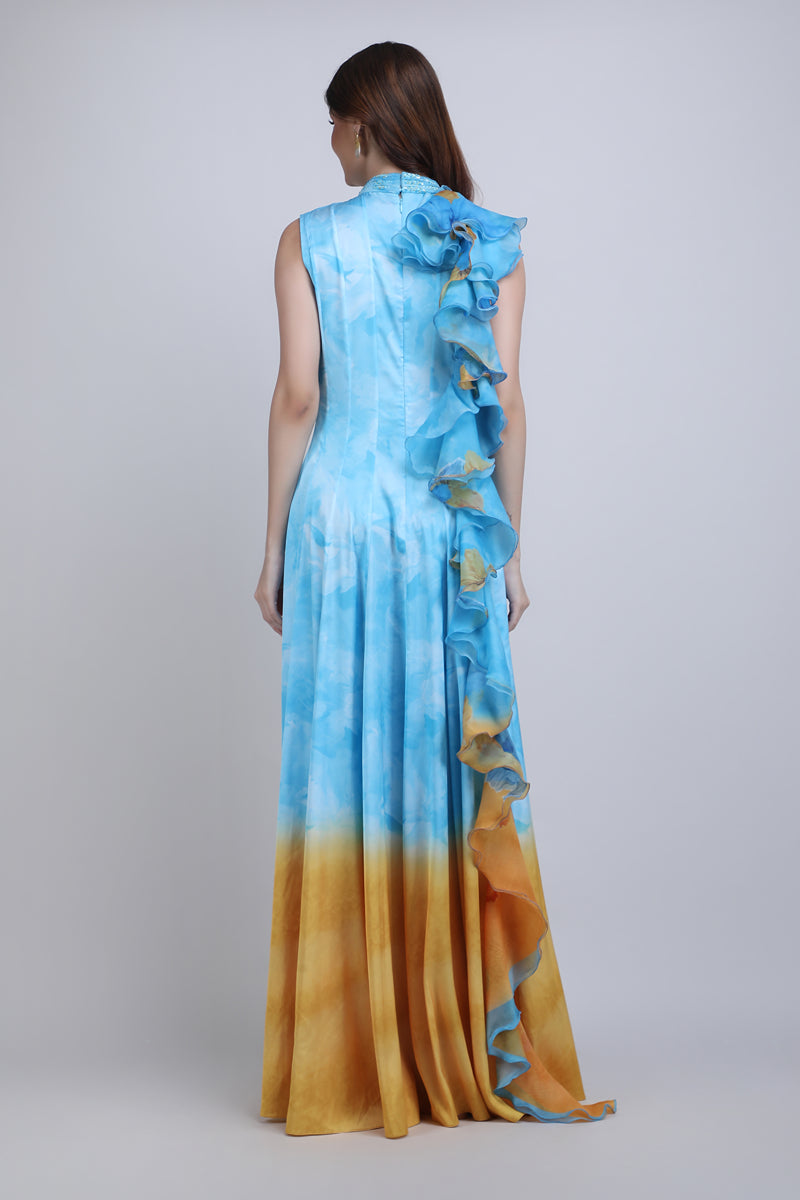 Aqua Ombre Ruffle Panel Gown