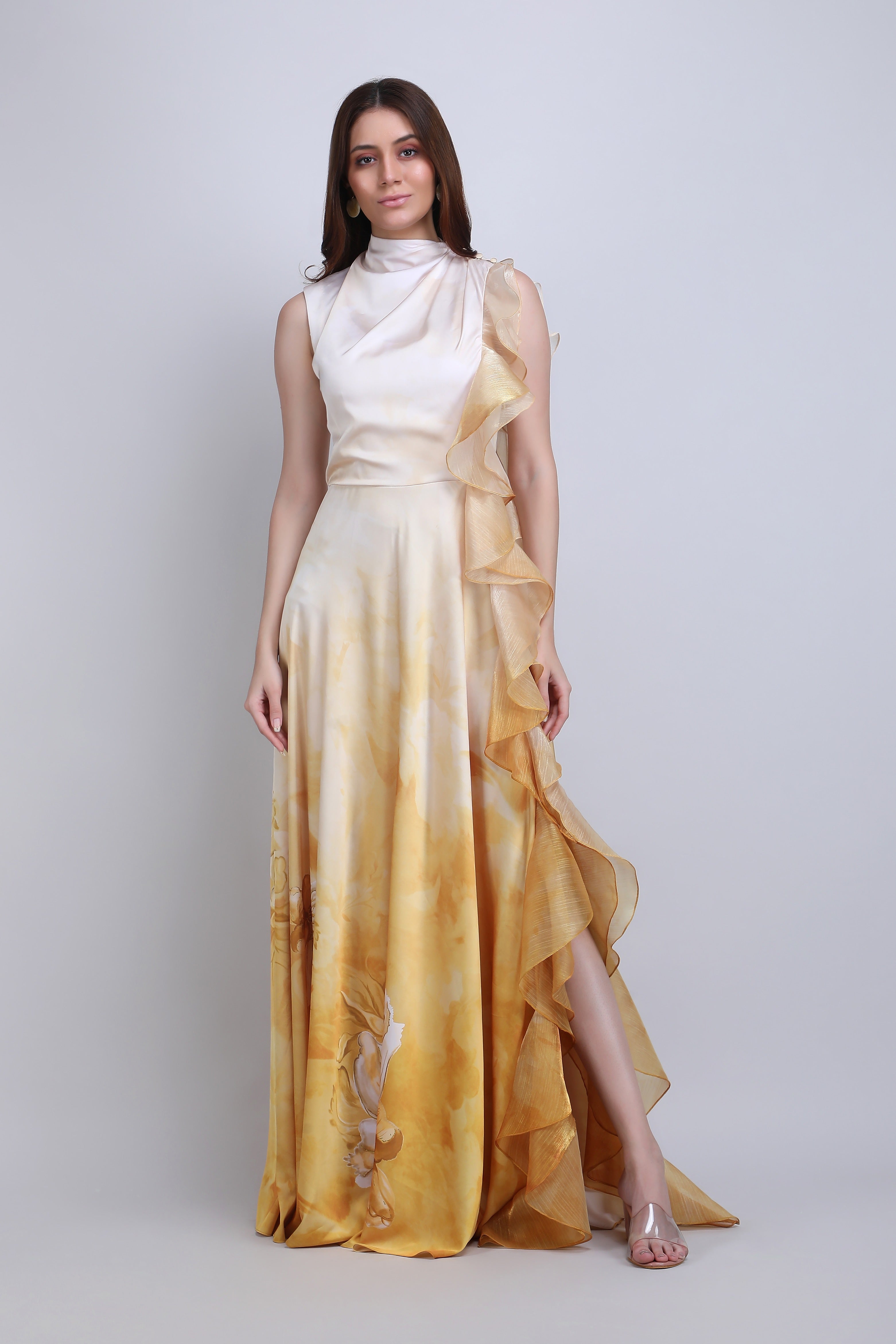 Ochre Sculpt Ruffle Gown