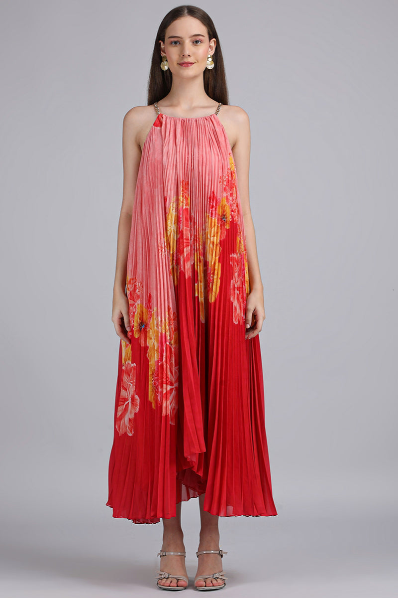 Crimson Pleated Halter Dress