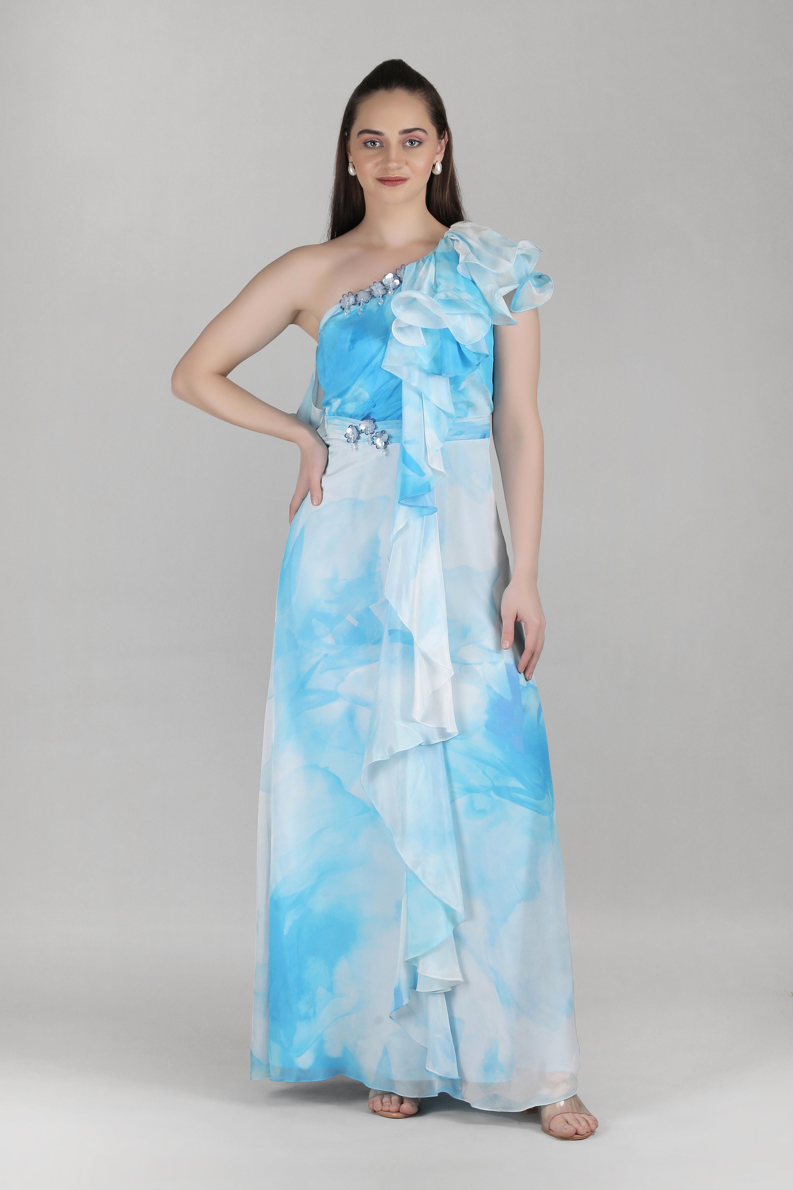 Aqua One-Shoulder Ruffle Dress