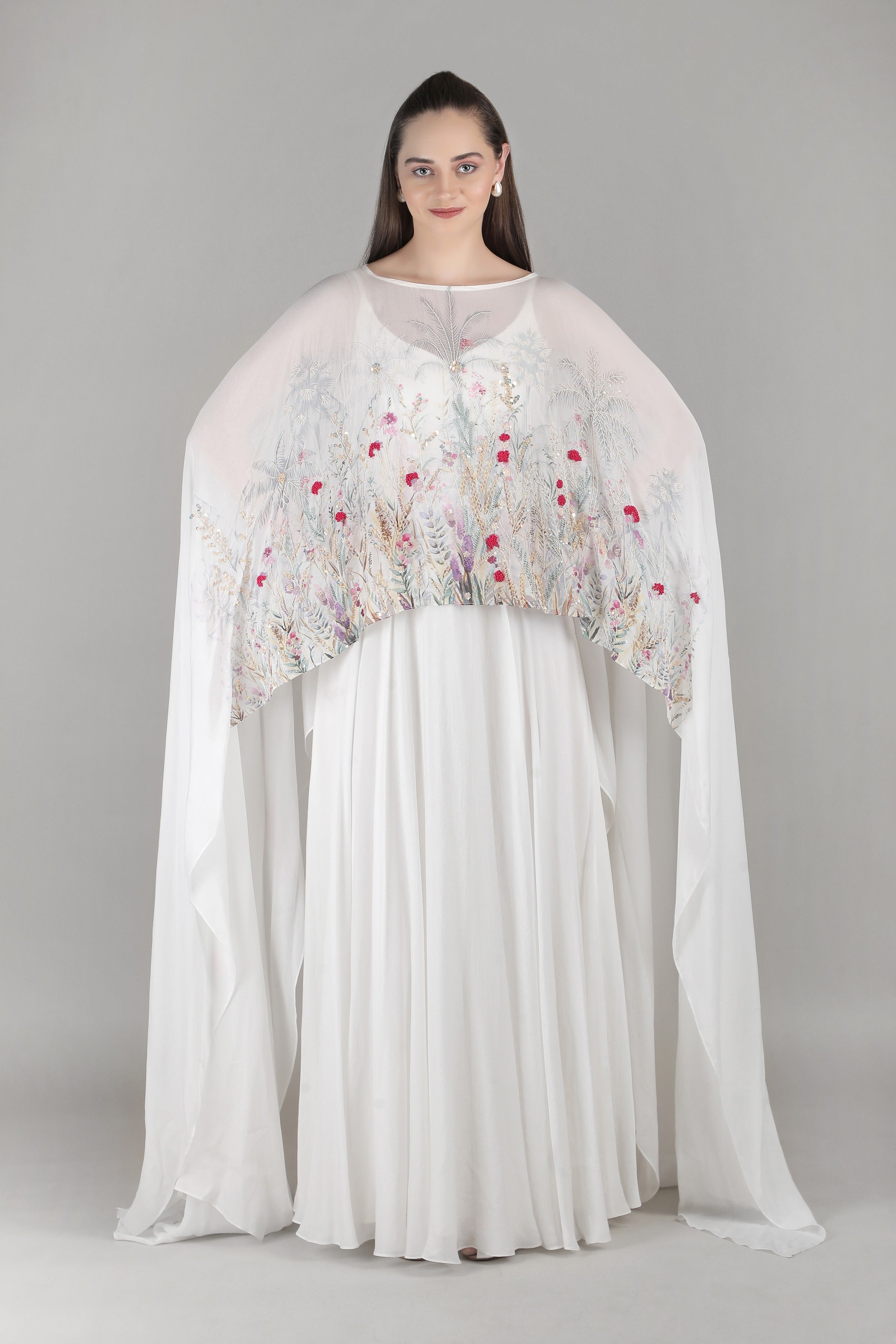 Ivory Palm Sheer Cape Gown