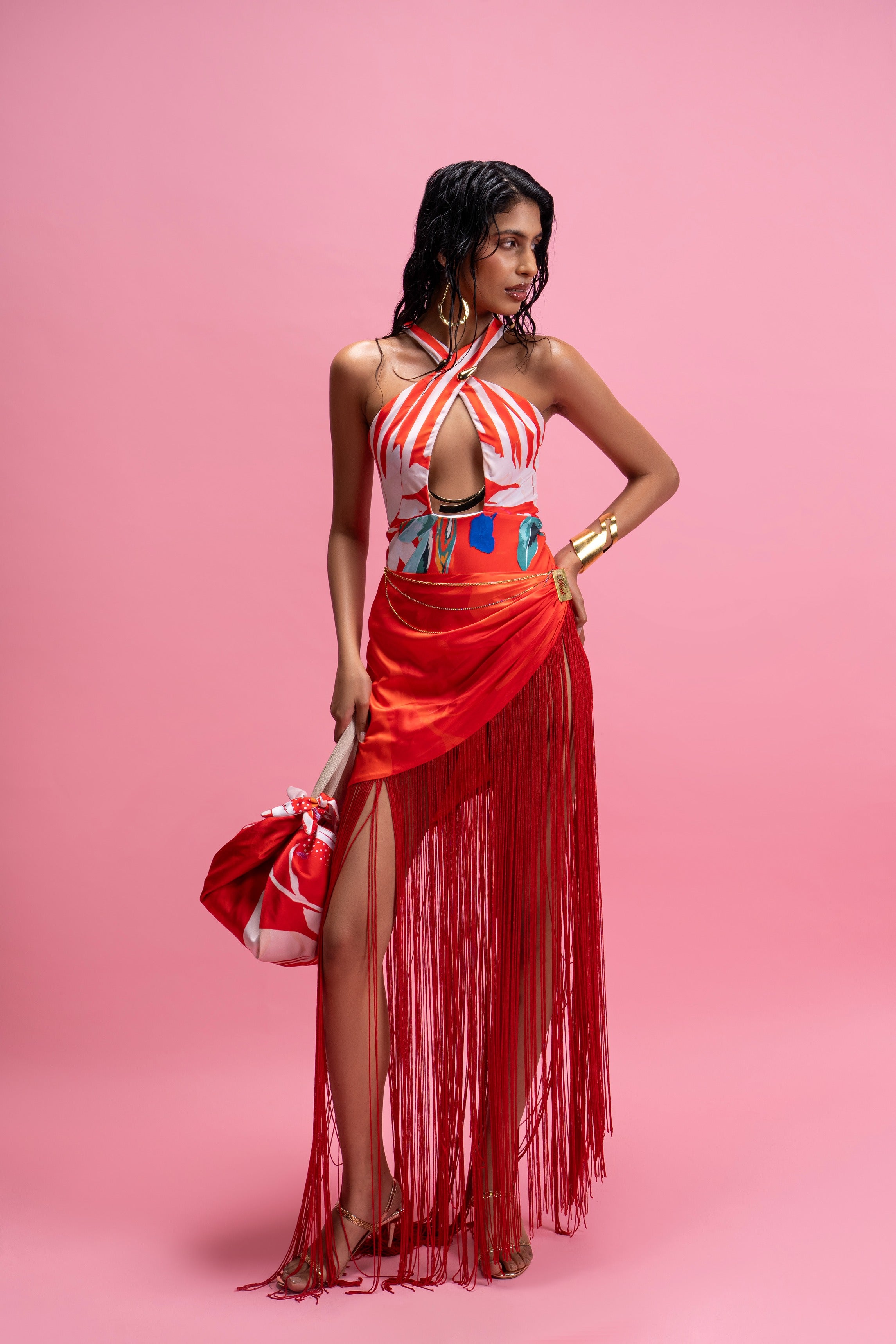 Halter Bodysuit Sunset Fringe Wrap Skirt Set