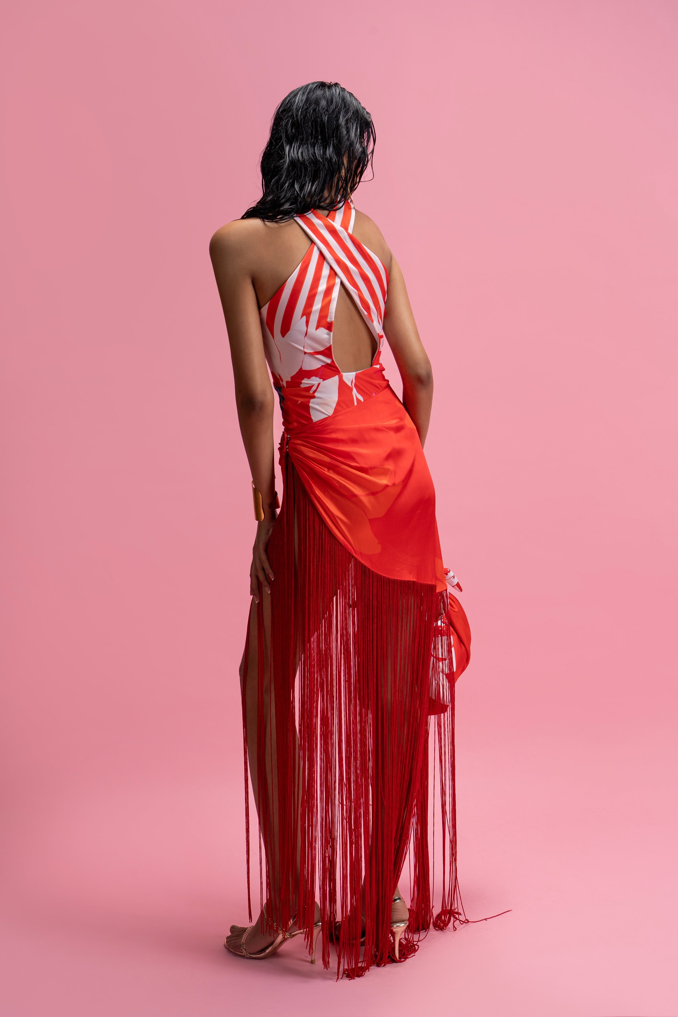 Halter Bodysuit Sunset Fringe Wrap Skirt Set