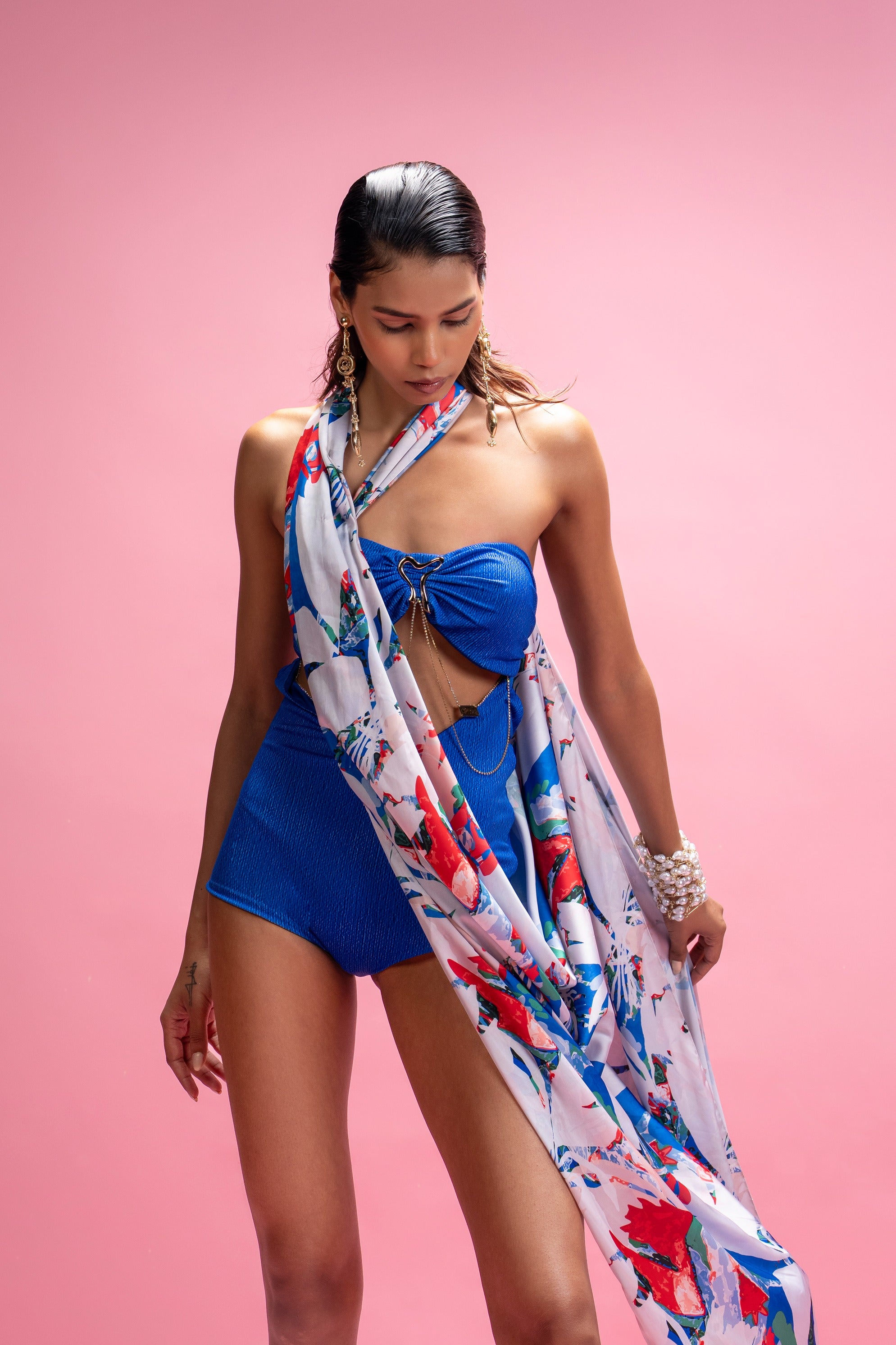 Swimwear with draped cover-up