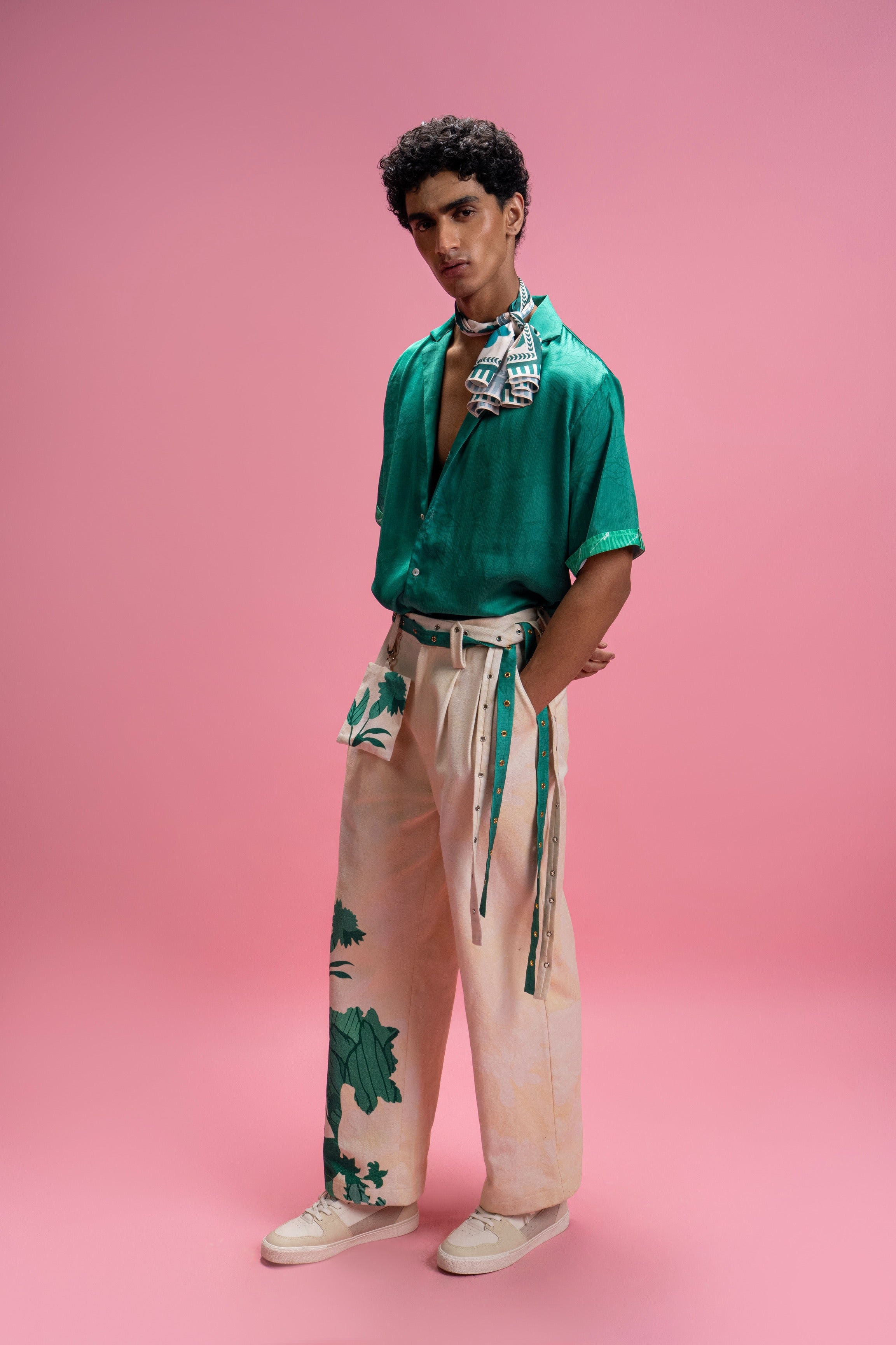 Placement Print Shirt & Trousers Set with Coordinated Scarf
