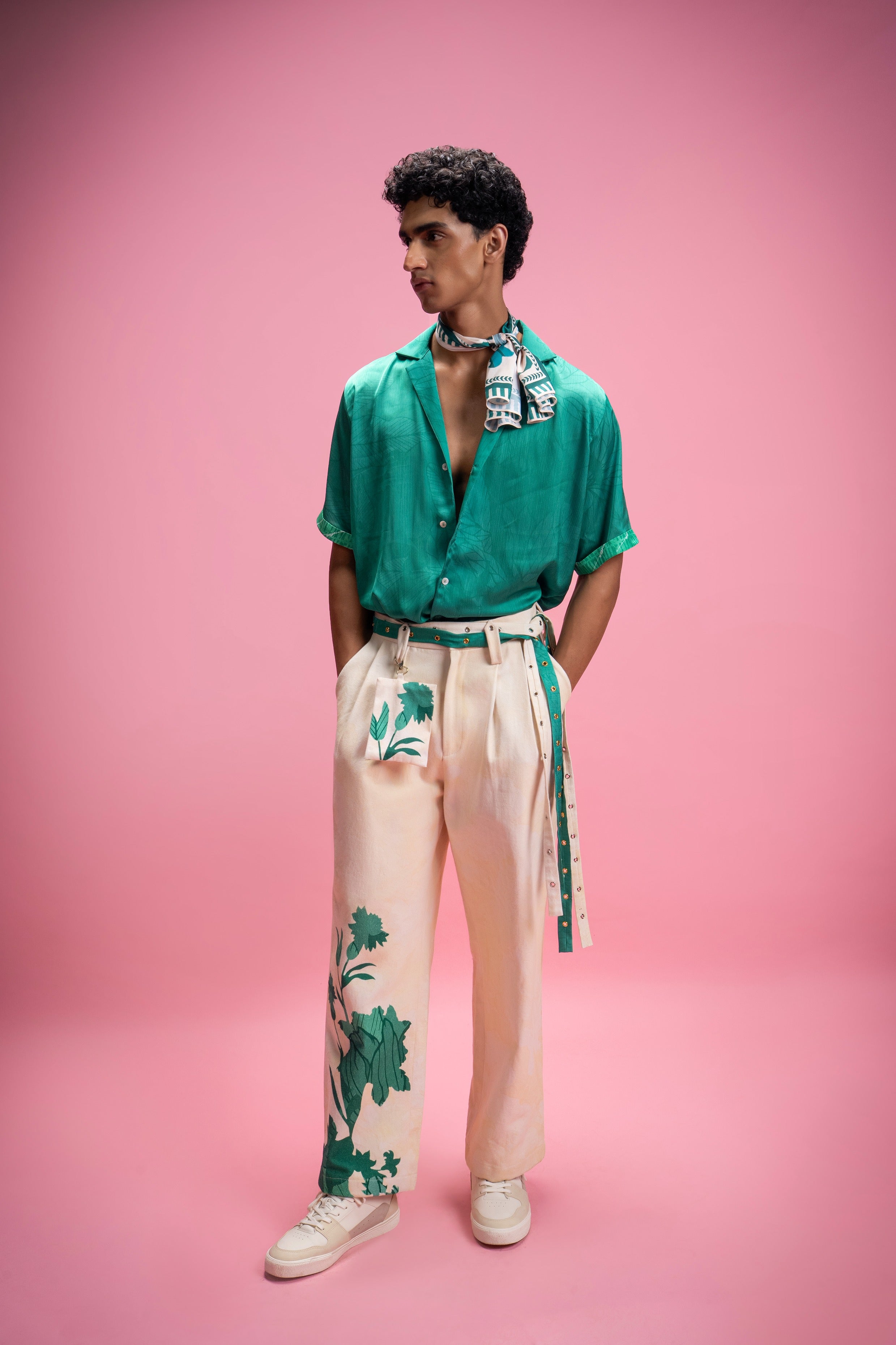 Placement Print Shirt & Trousers Set with Coordinated Scarf