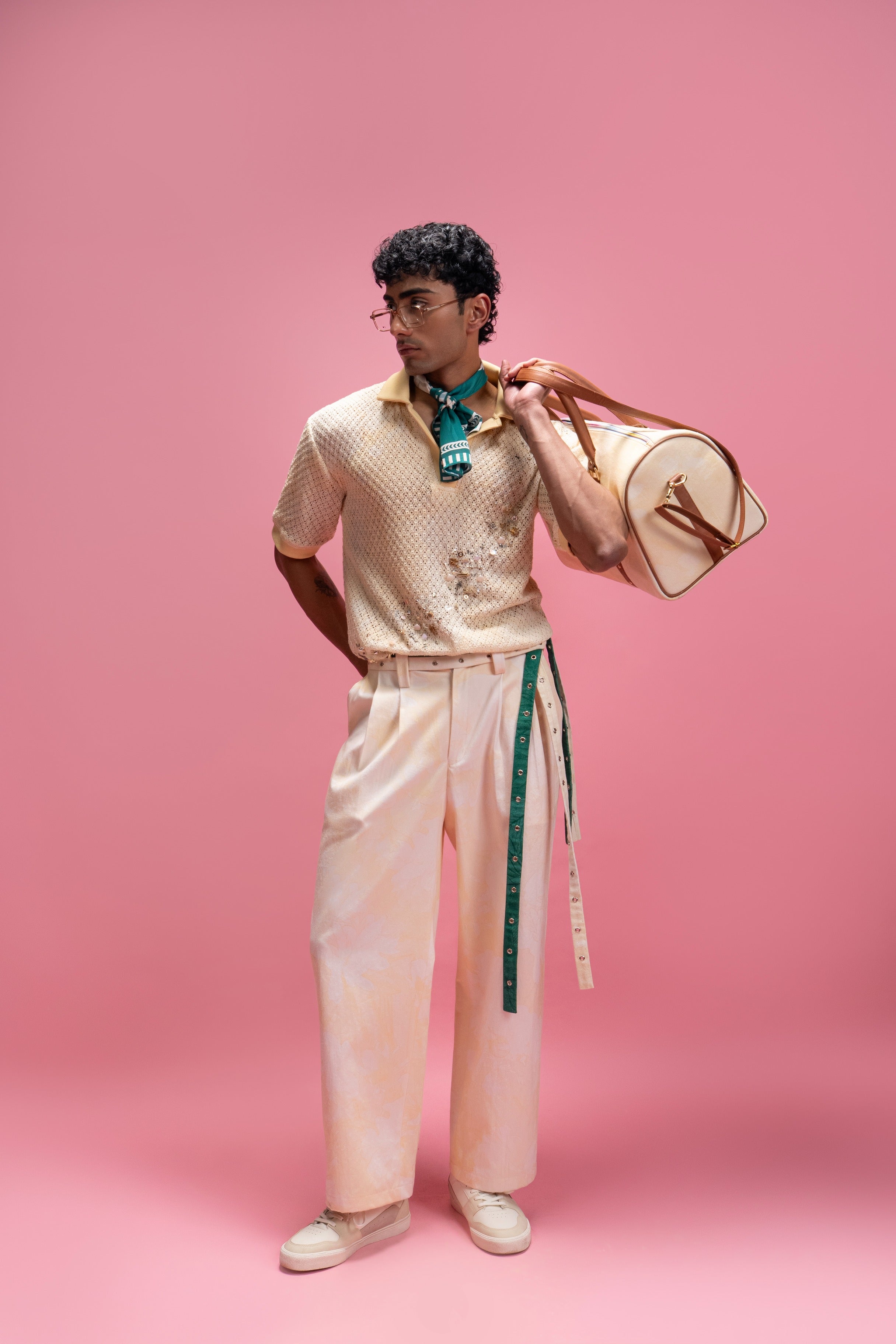 Cotton Lace Polo Shirt & Tailored Trousers Set with Embroidery