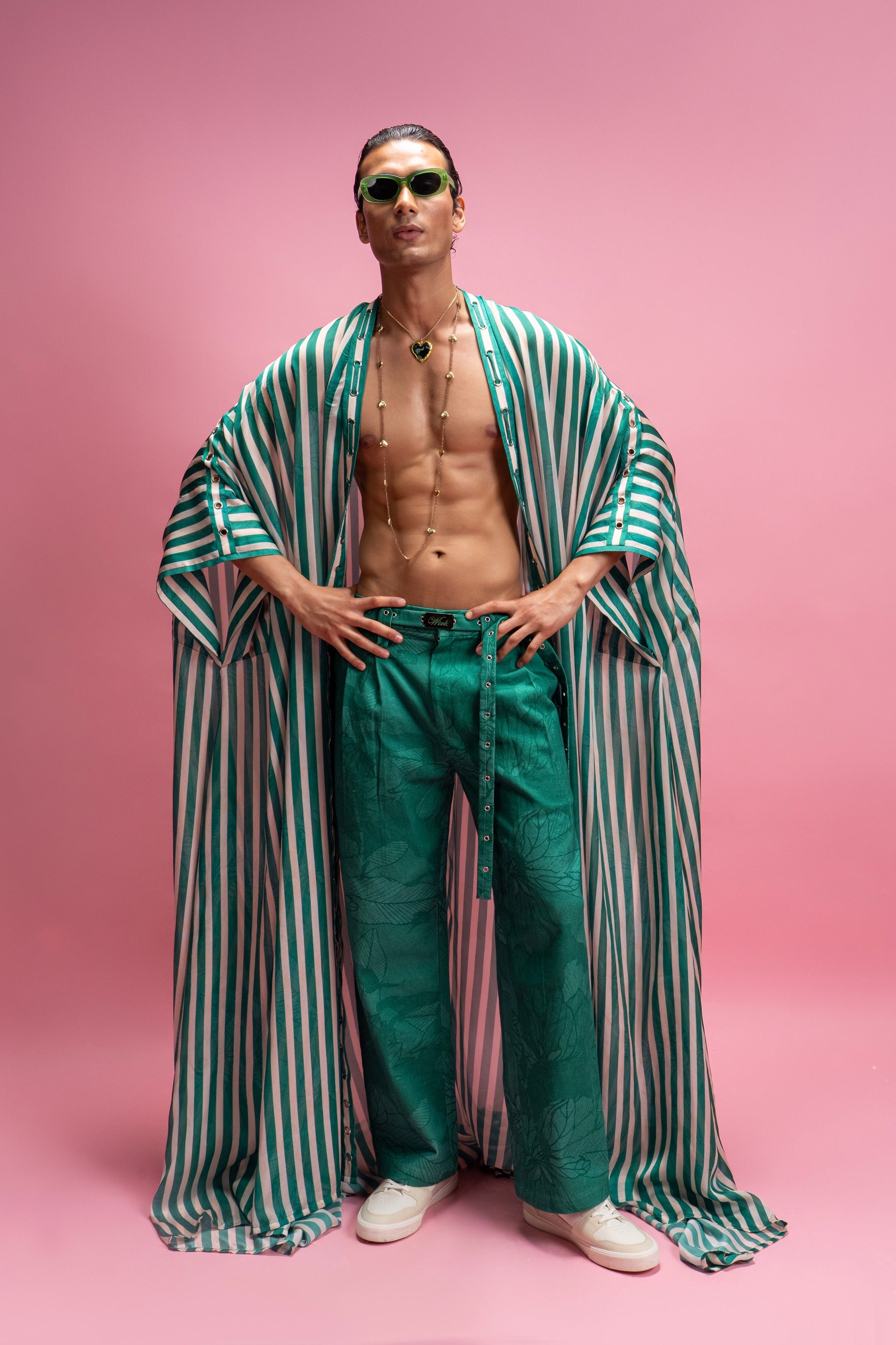 Striped Flow Cape with Rivet Detailing and Trousers