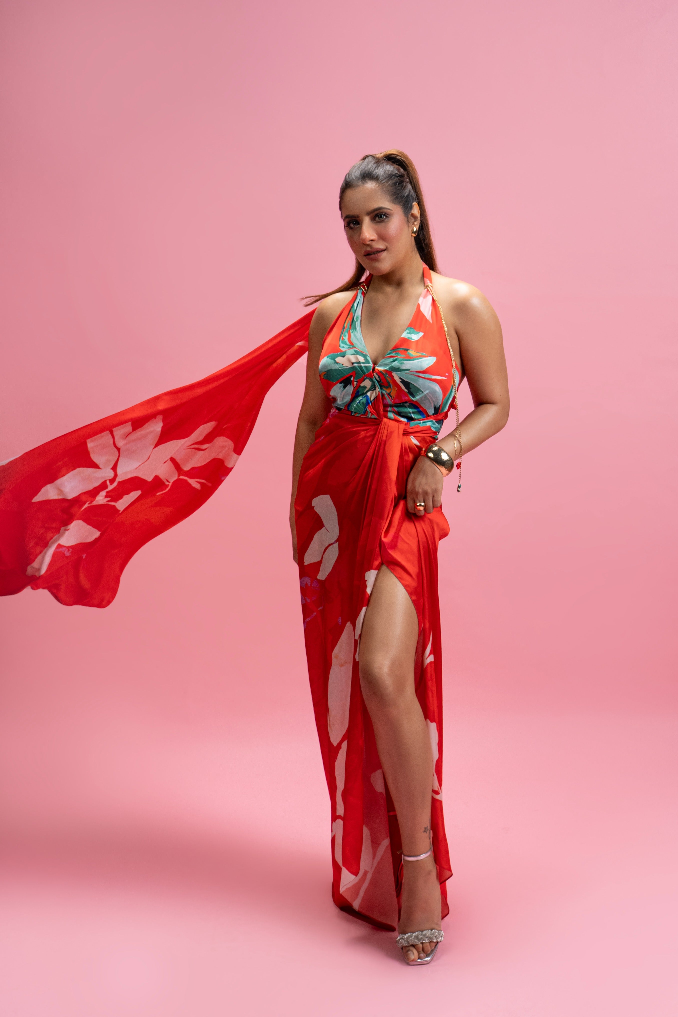 Placement Print Knot Backless Dress with Trail