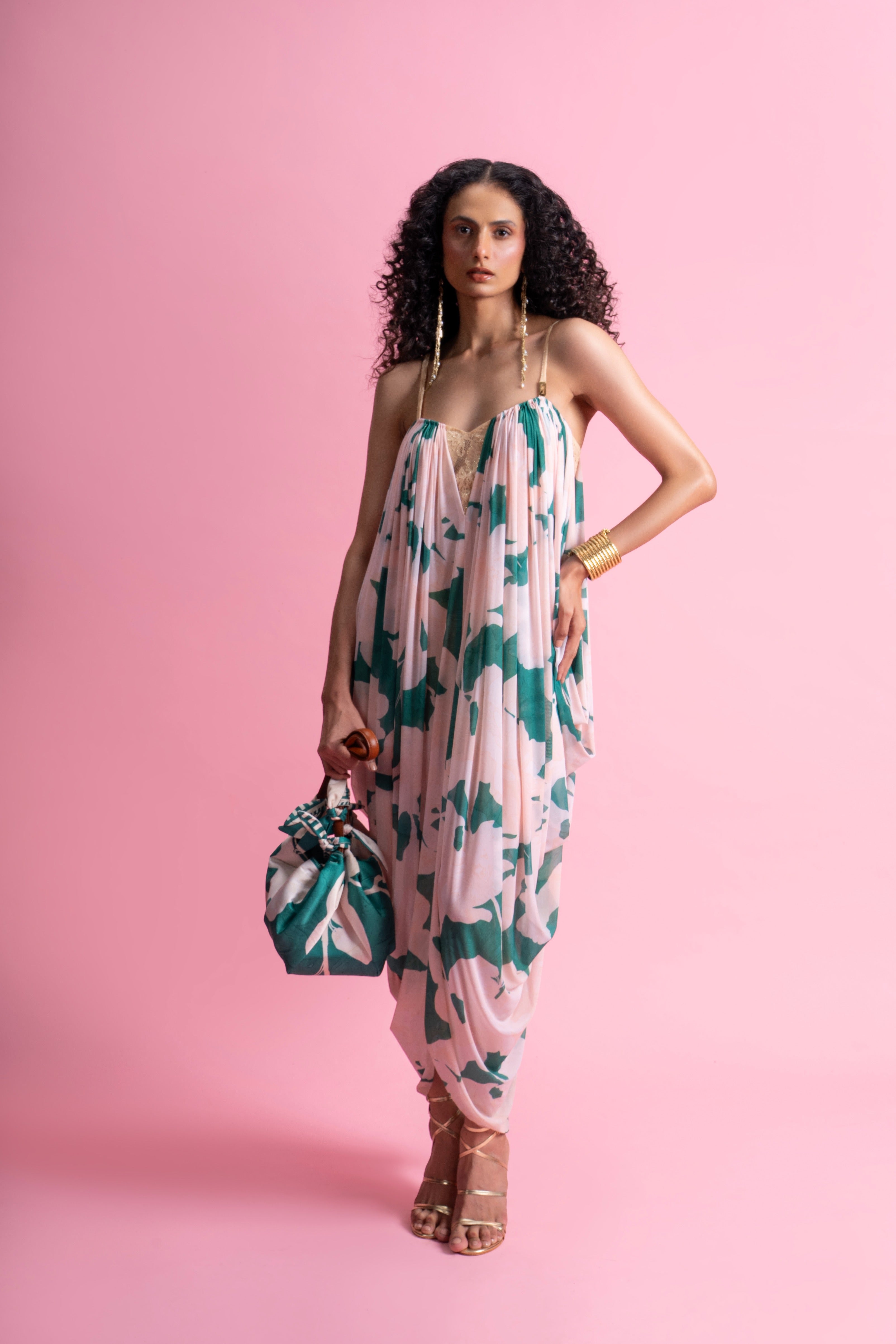 Printed Strap Cowl Drape Dress
