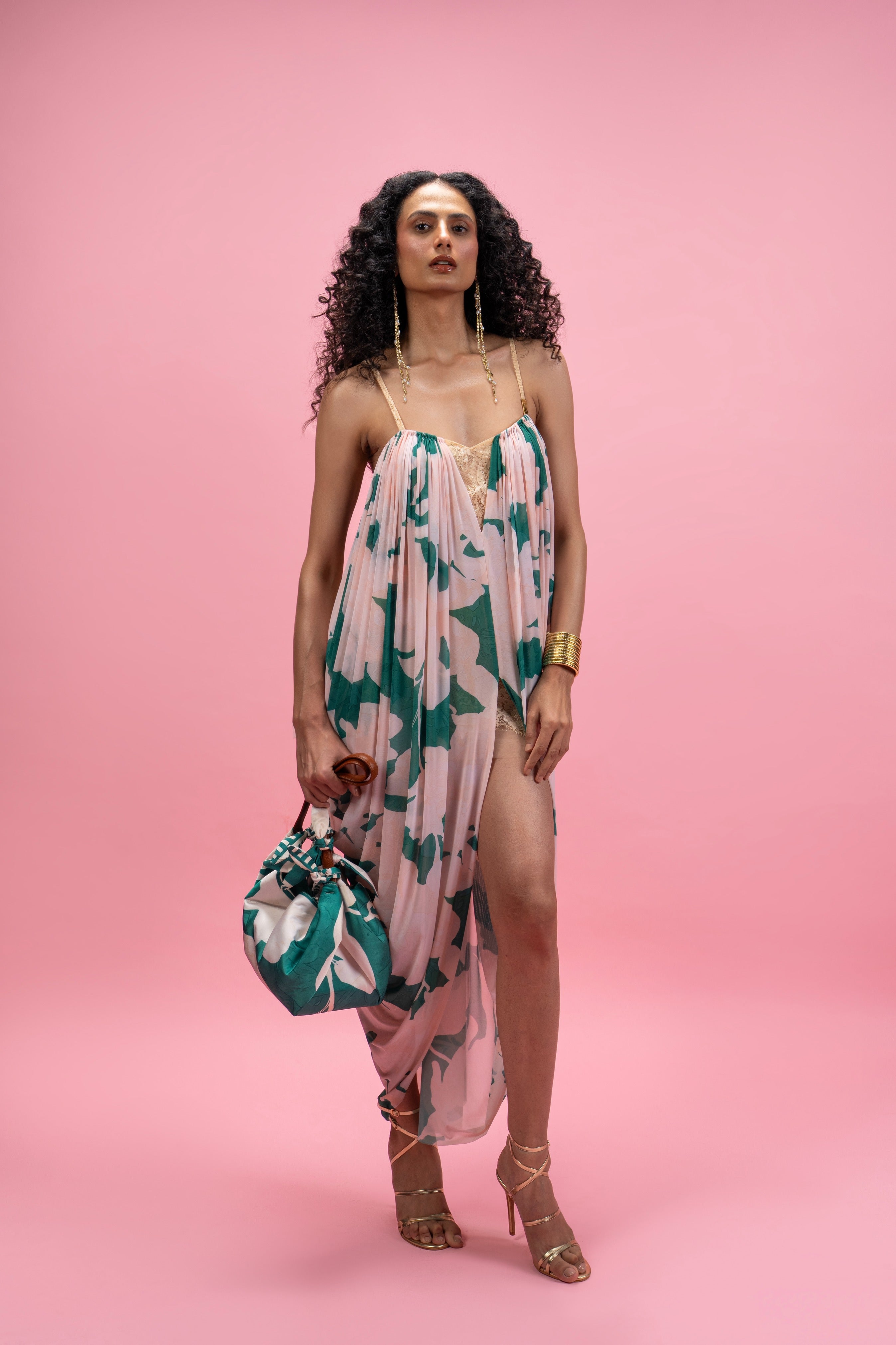 Printed Strap Cowl Drape Dress