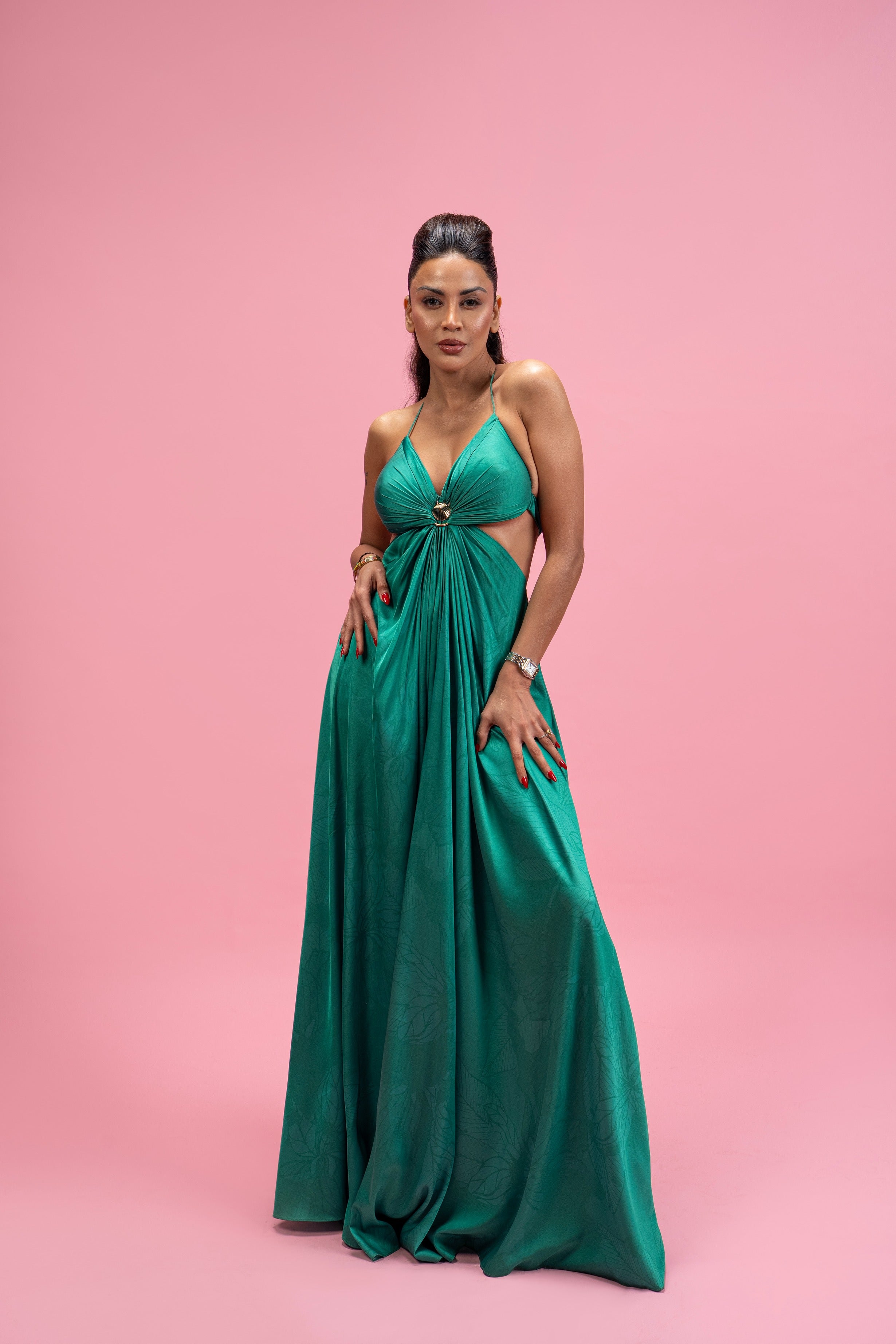 Backless Halter Drape Maxi Dress with Gold Buckle