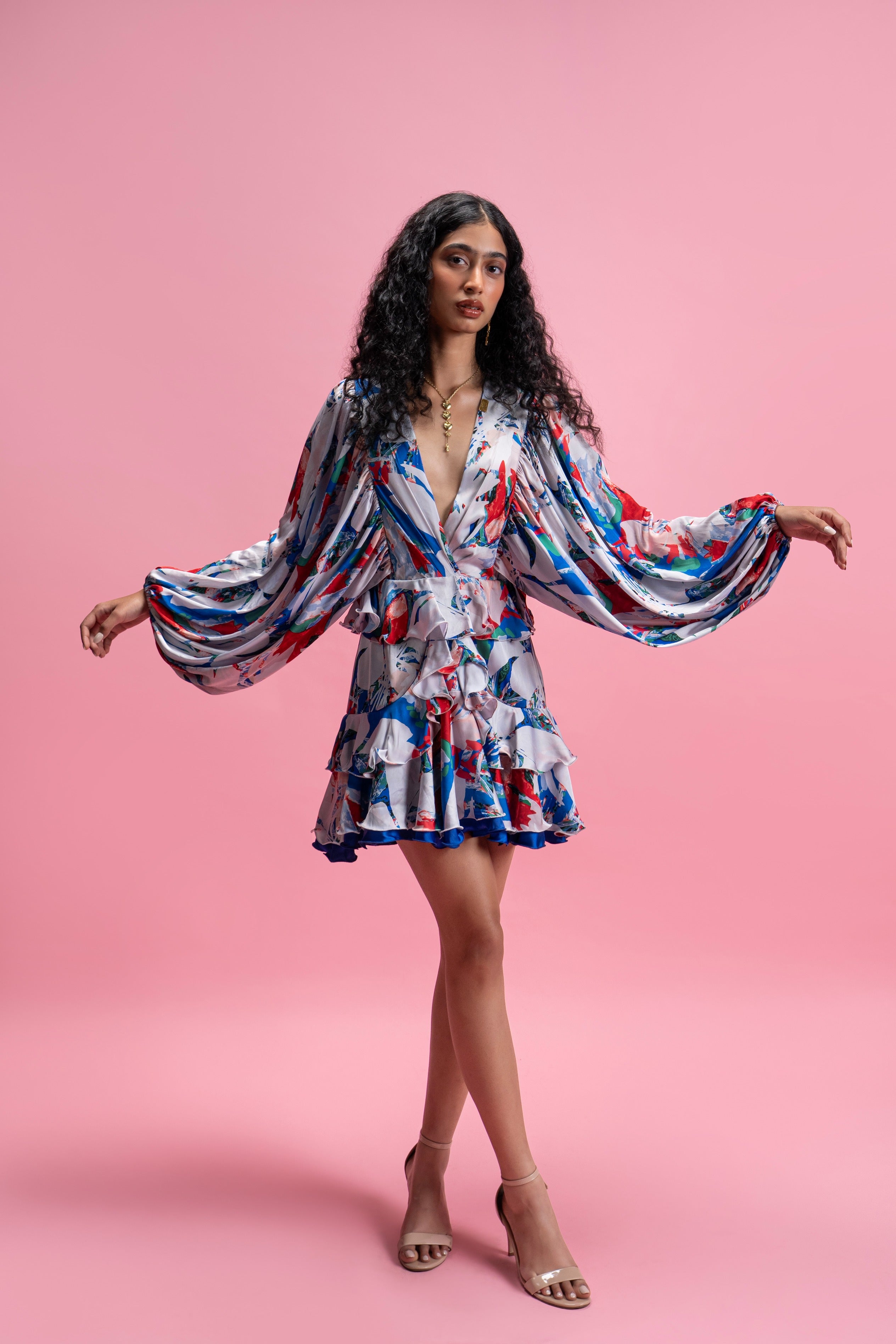 Printed Ruffle Mini Dress with Voluminous Sleeves