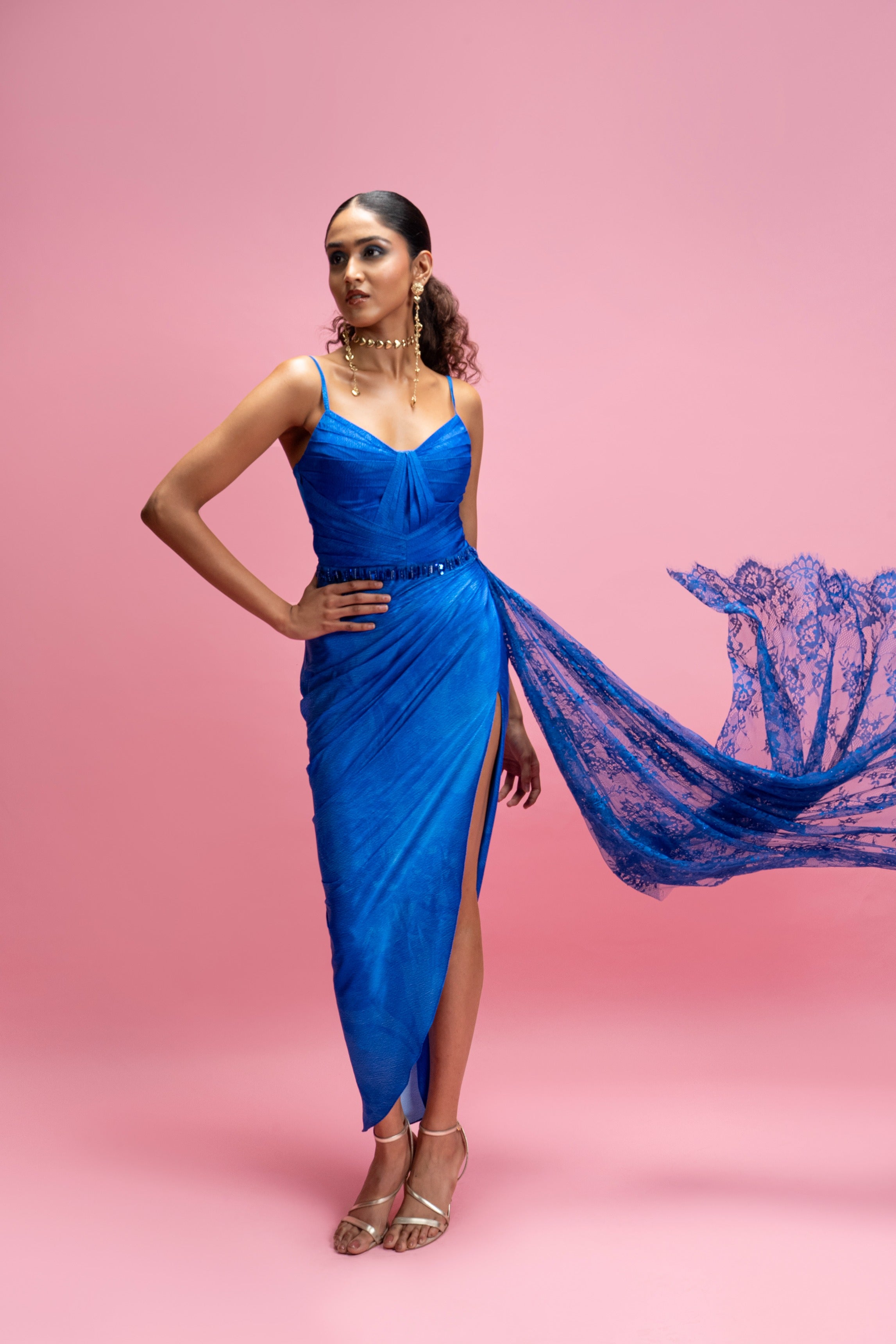 Draped Maxi Dress with Chantilly Trail