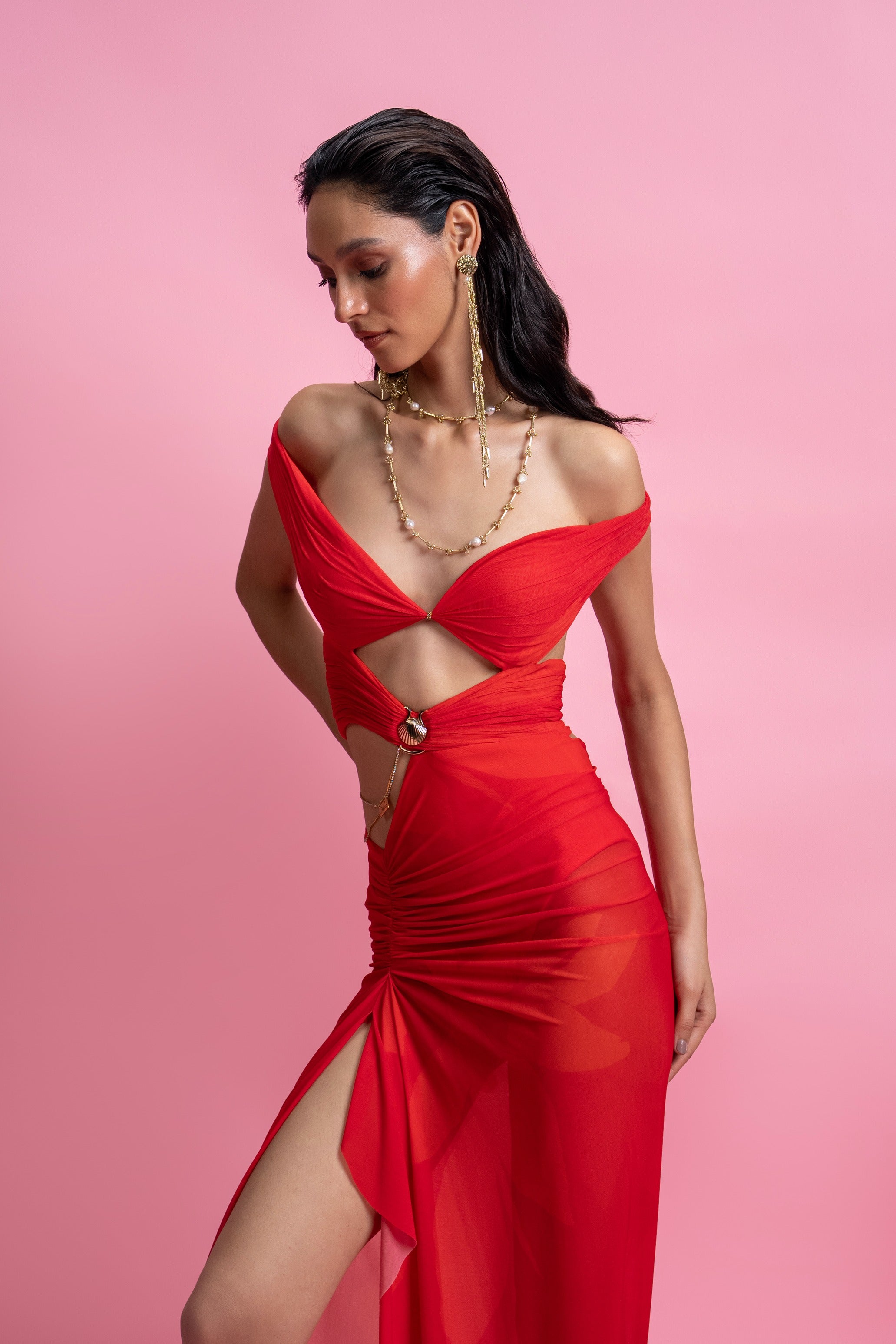 Off-Shoulder Draped Gown with Built-In Bodysuit