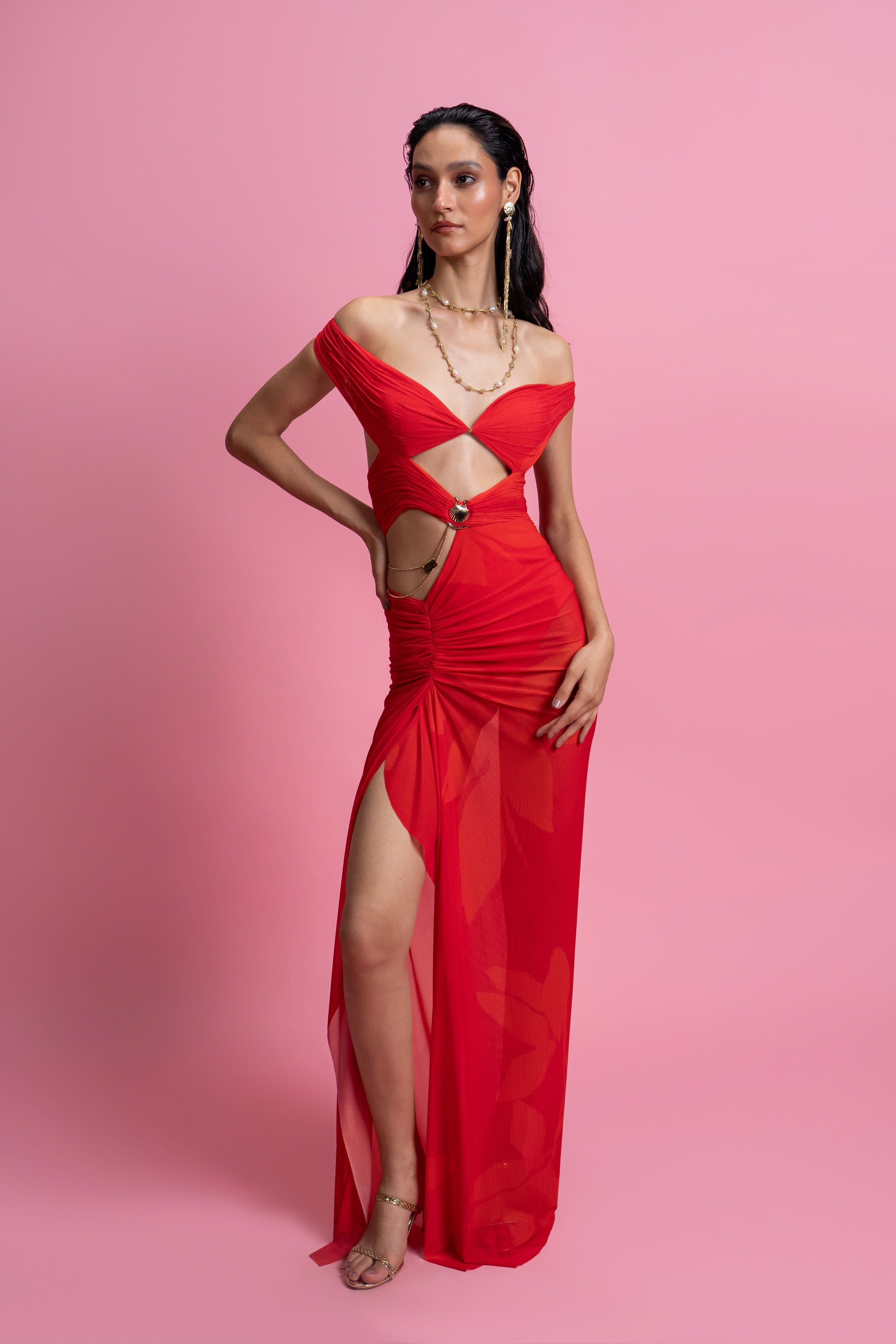 Off-Shoulder Draped Gown with Built-In Bodysuit