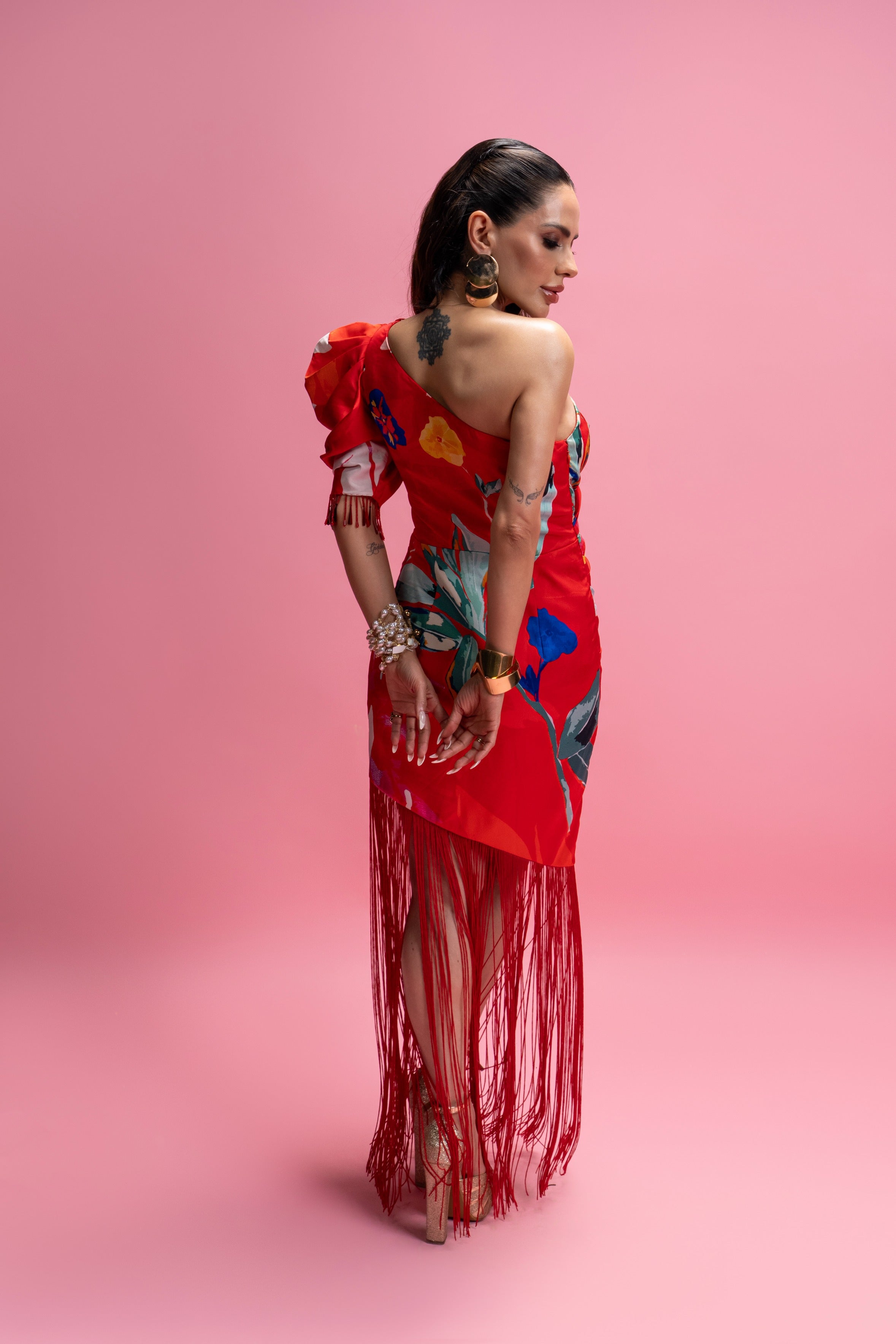 One-Shoulder Draped Midi Dress with Fringes