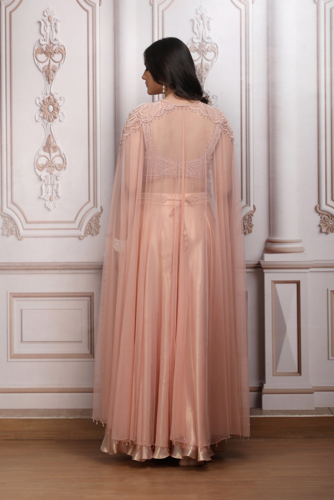Blush Peach Co-Ord Ensemble With Embroidered Blouse And Cape