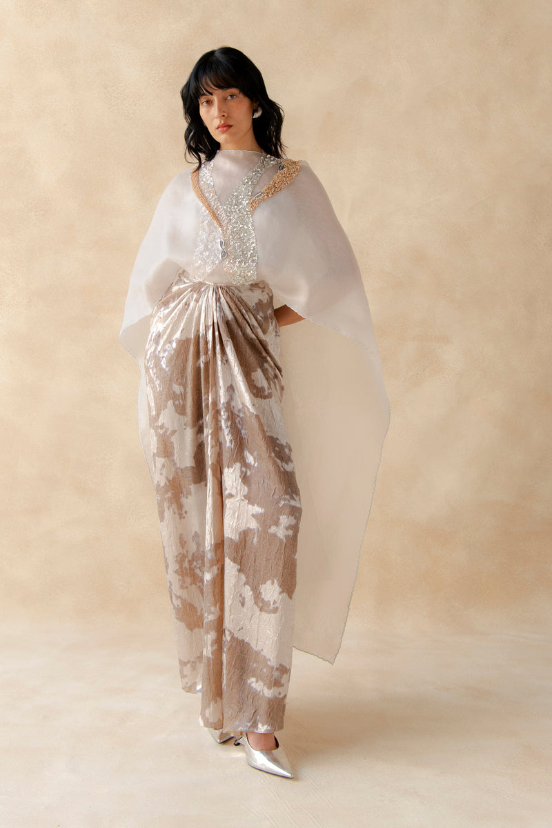 Embroidered Organza Panel With Drape Skirt And Bustier