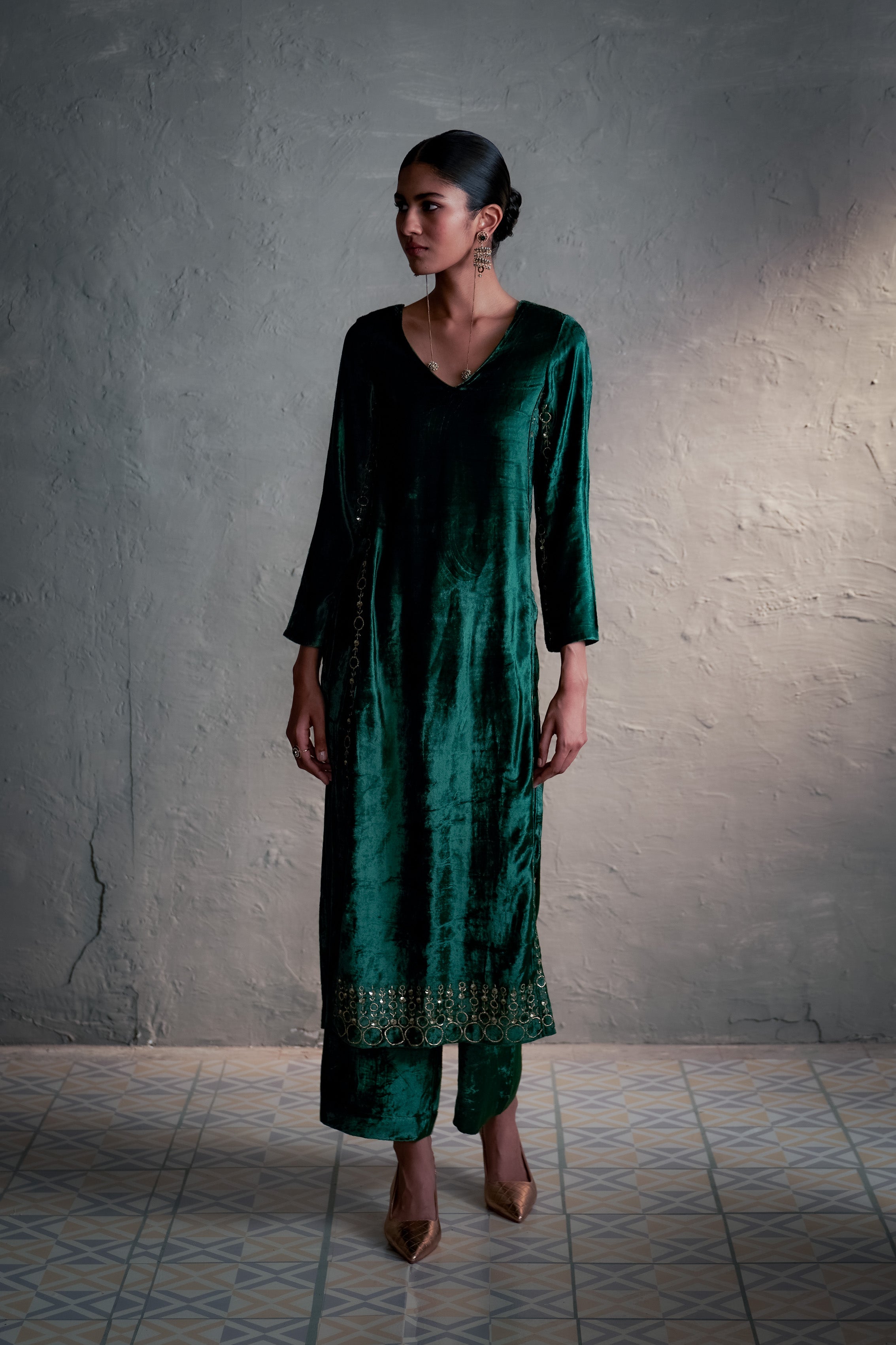 Velvet Green Kurta Set