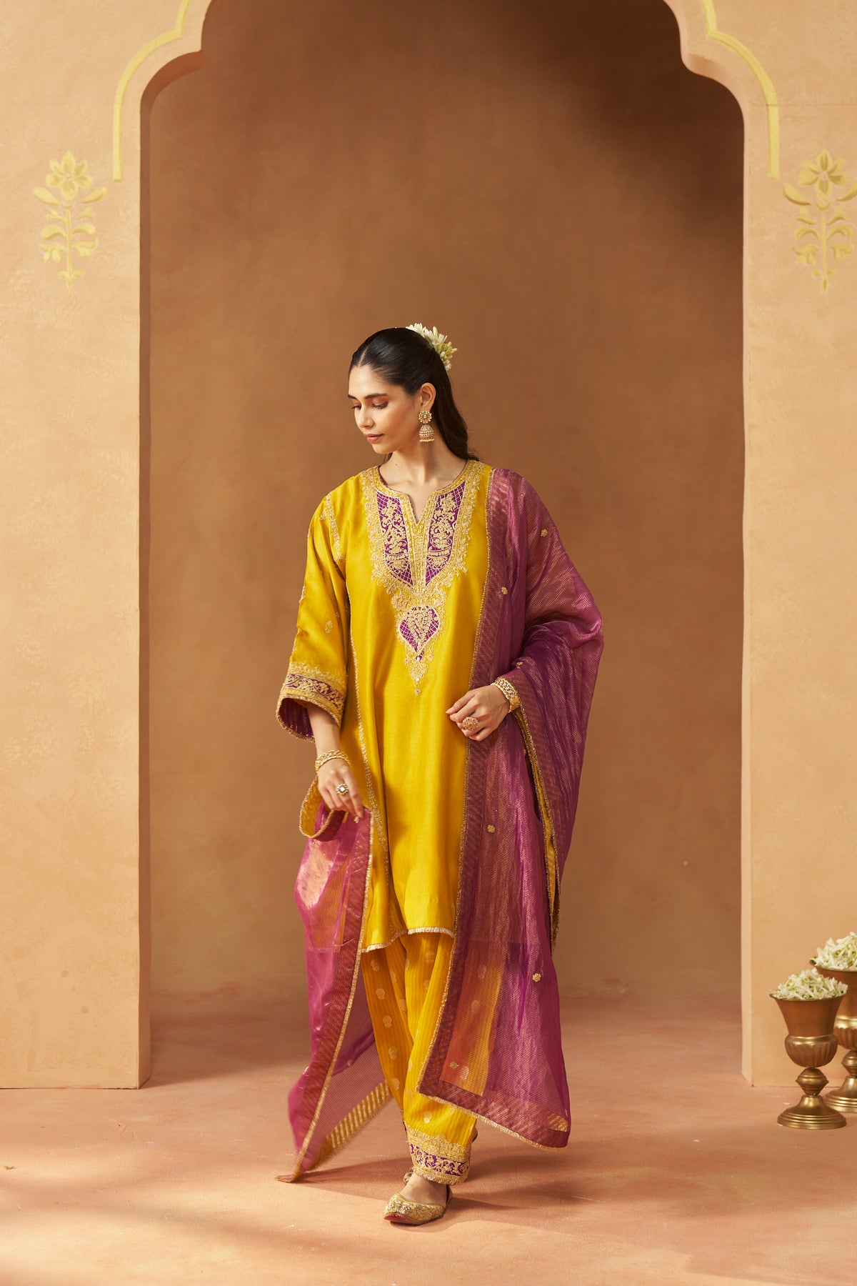 Maahgul Mustard Kalidaar Chauga with Salwar with Dupatta